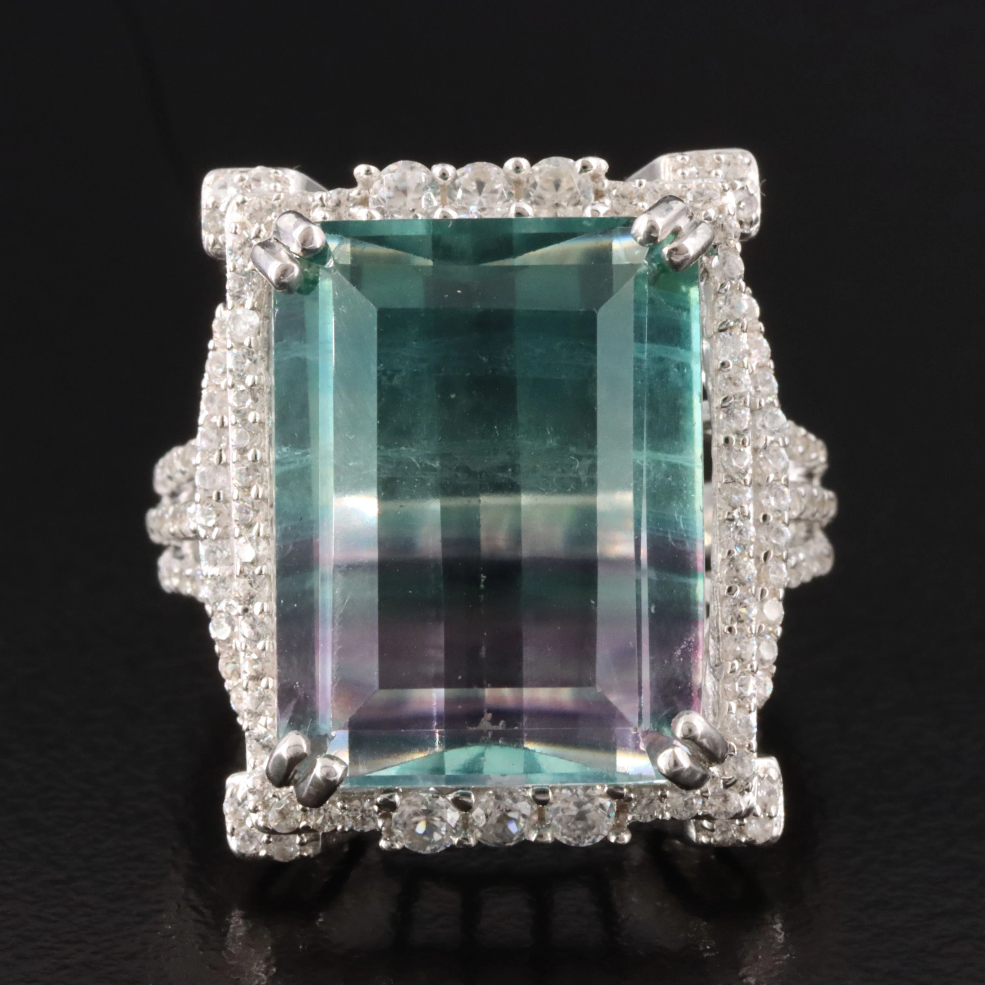 Sterling Fluorite and White Zircon Halo Ring