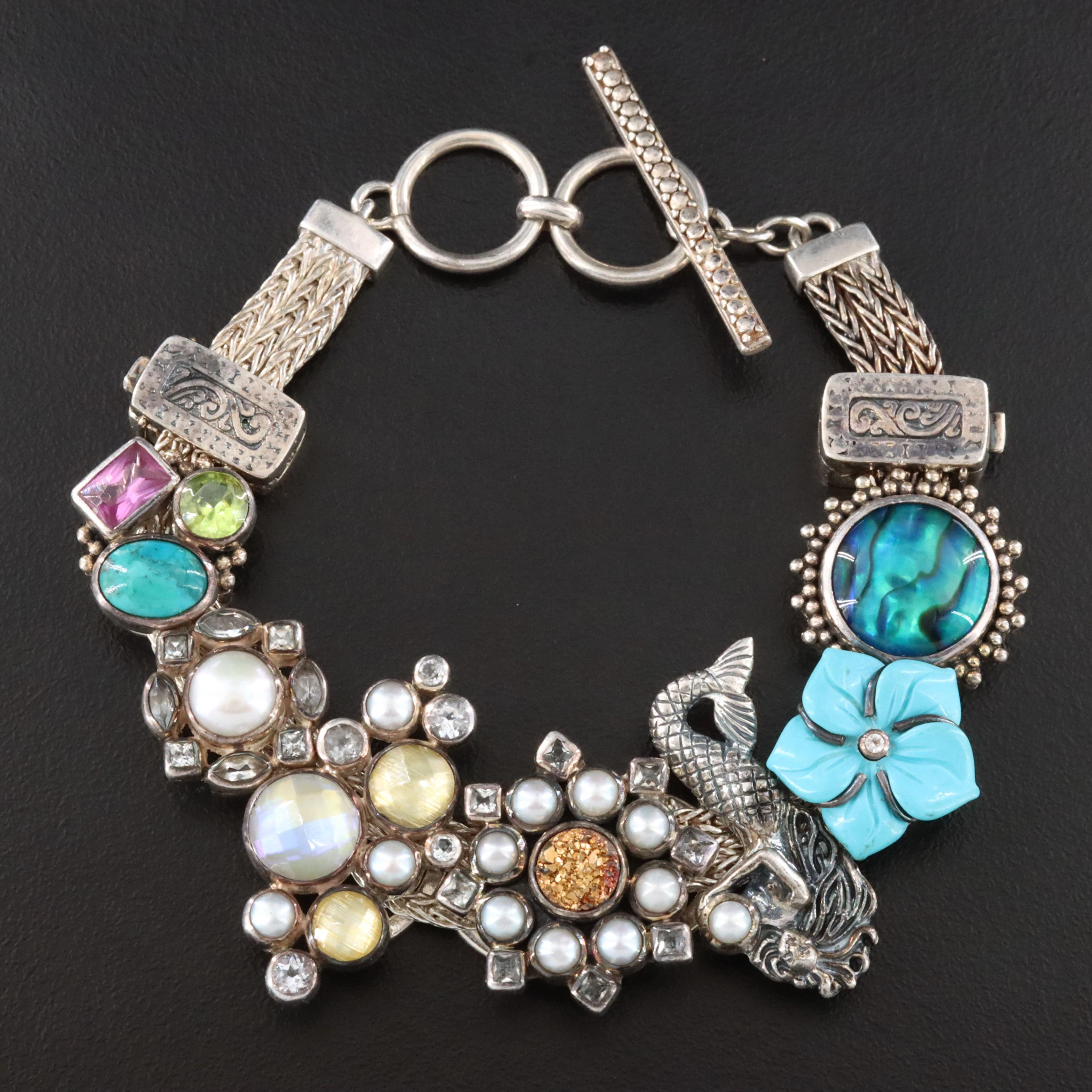 Lori Bonn Sterling Slide Charm Bracelet Featuring Pearl, CZ, Druzy