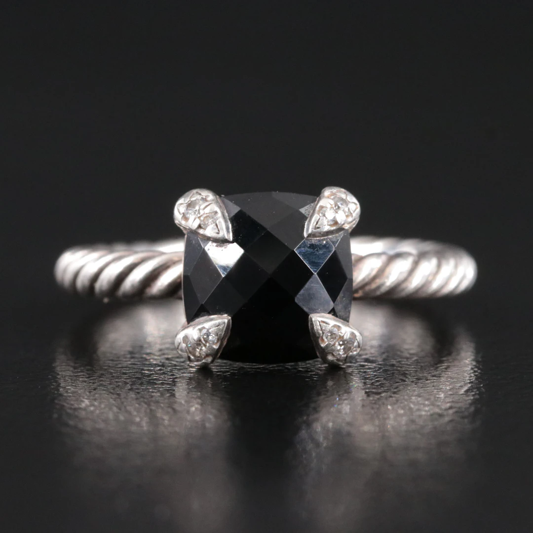 David Yurman Chatelaine Sterling Black Onyx and Diamond Ring