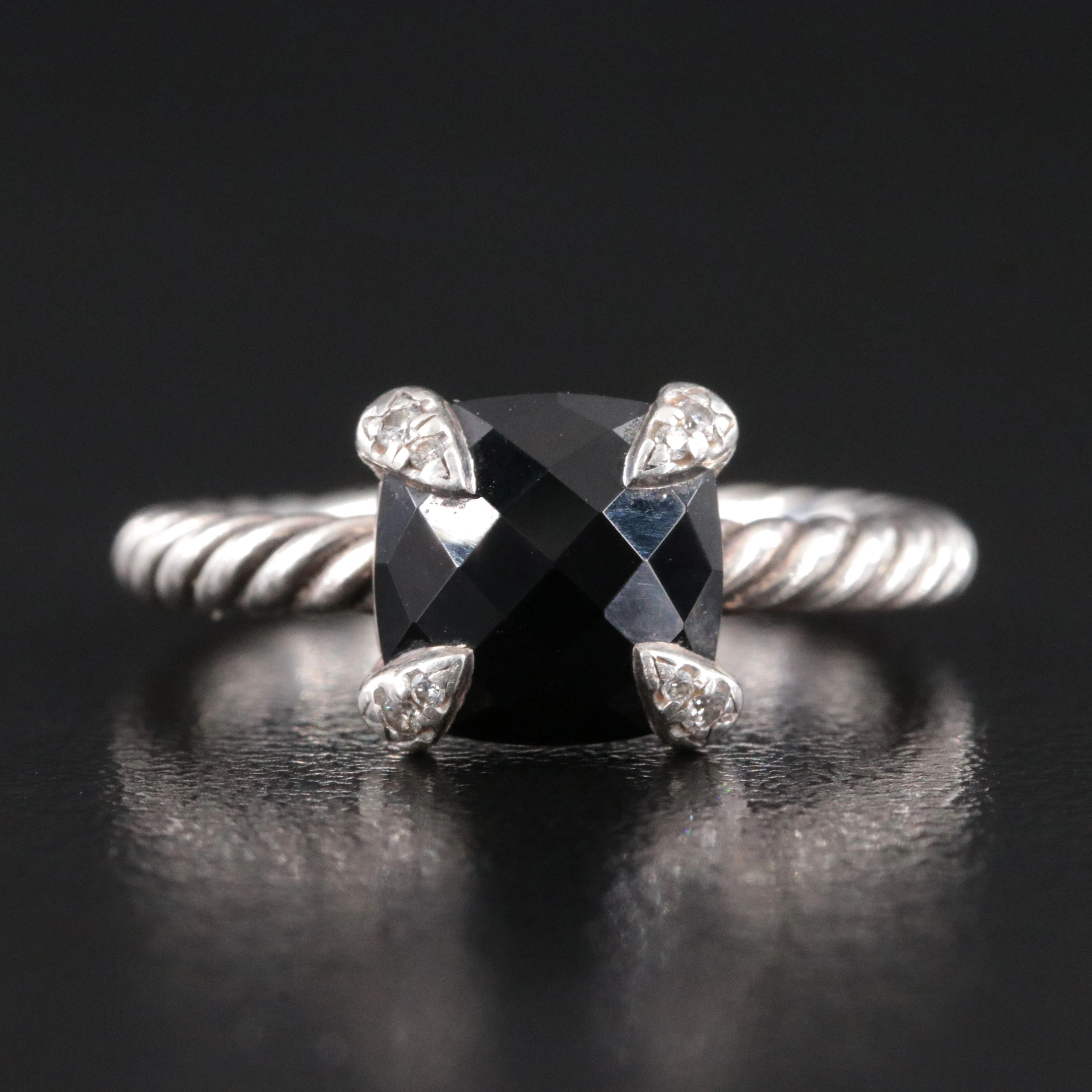 David Yurman Chatelaine Sterling Black Onyx and Diamond Ring