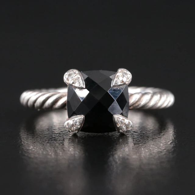 David Yurman Chatelaine Sterling Black Onyx and Diamond Ring