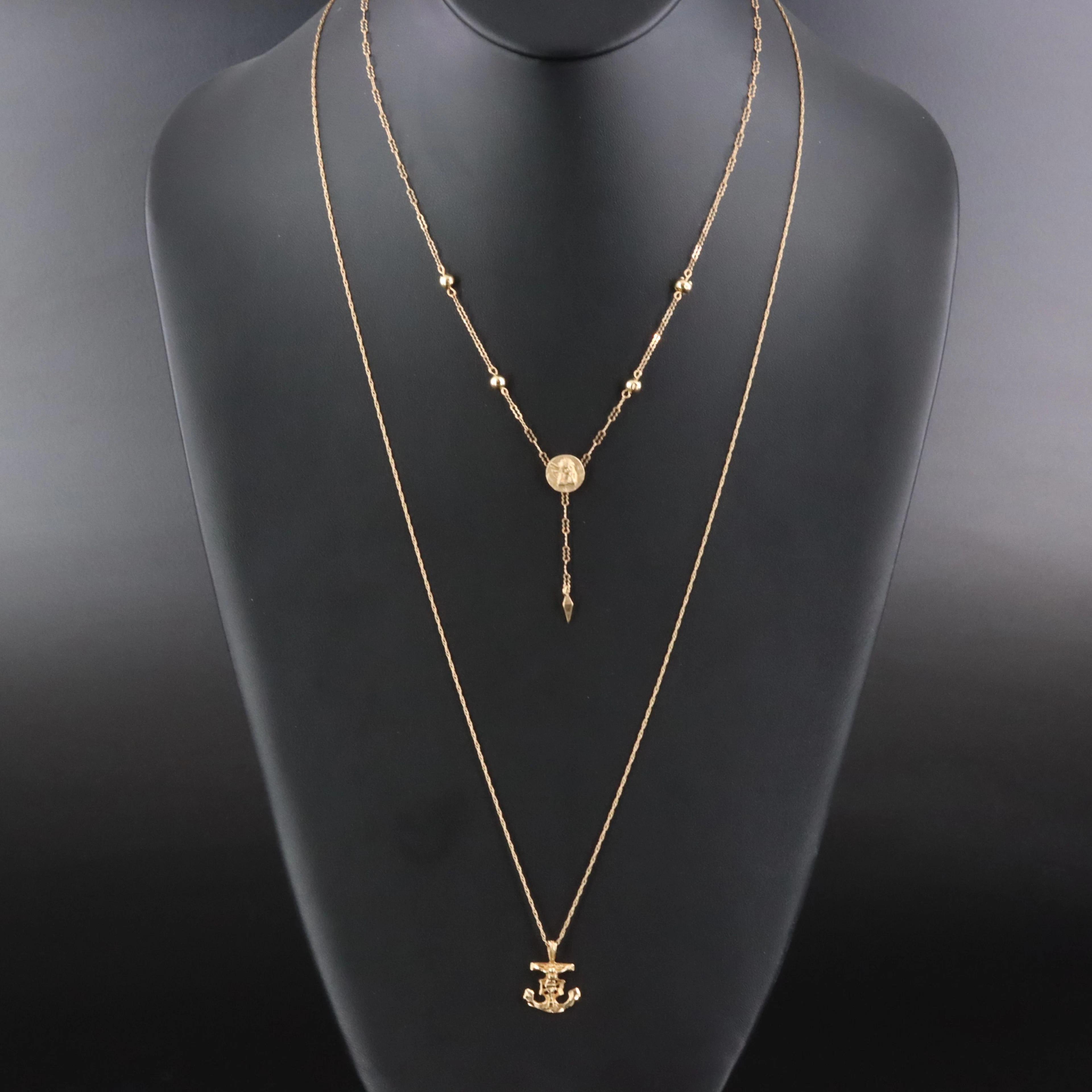 14K Angel Lariat & Mariner's Cross Pendant Necklaces