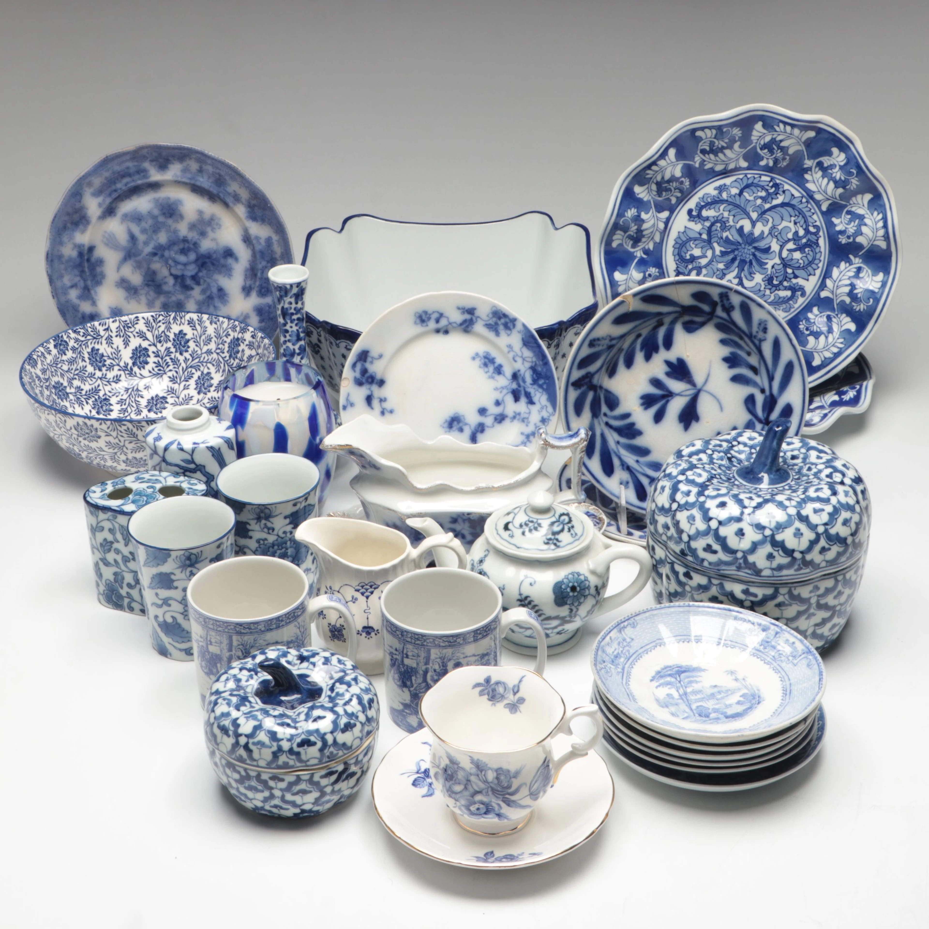 Flow Blue and Blue & White China Including Crown Staffordshire and Myott