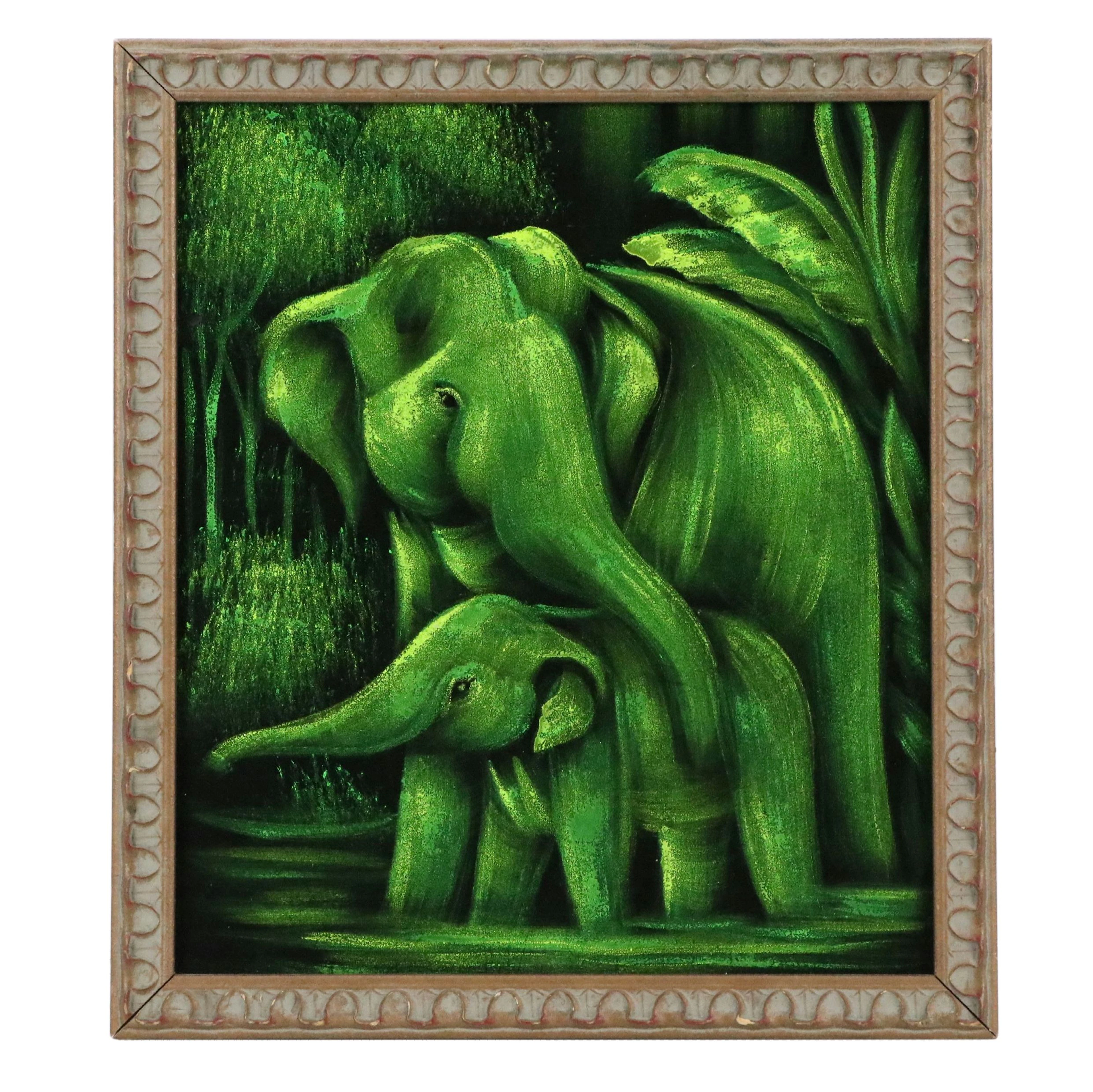 Monochromatic Acrylic Painting of Two Elephants, 21st Century