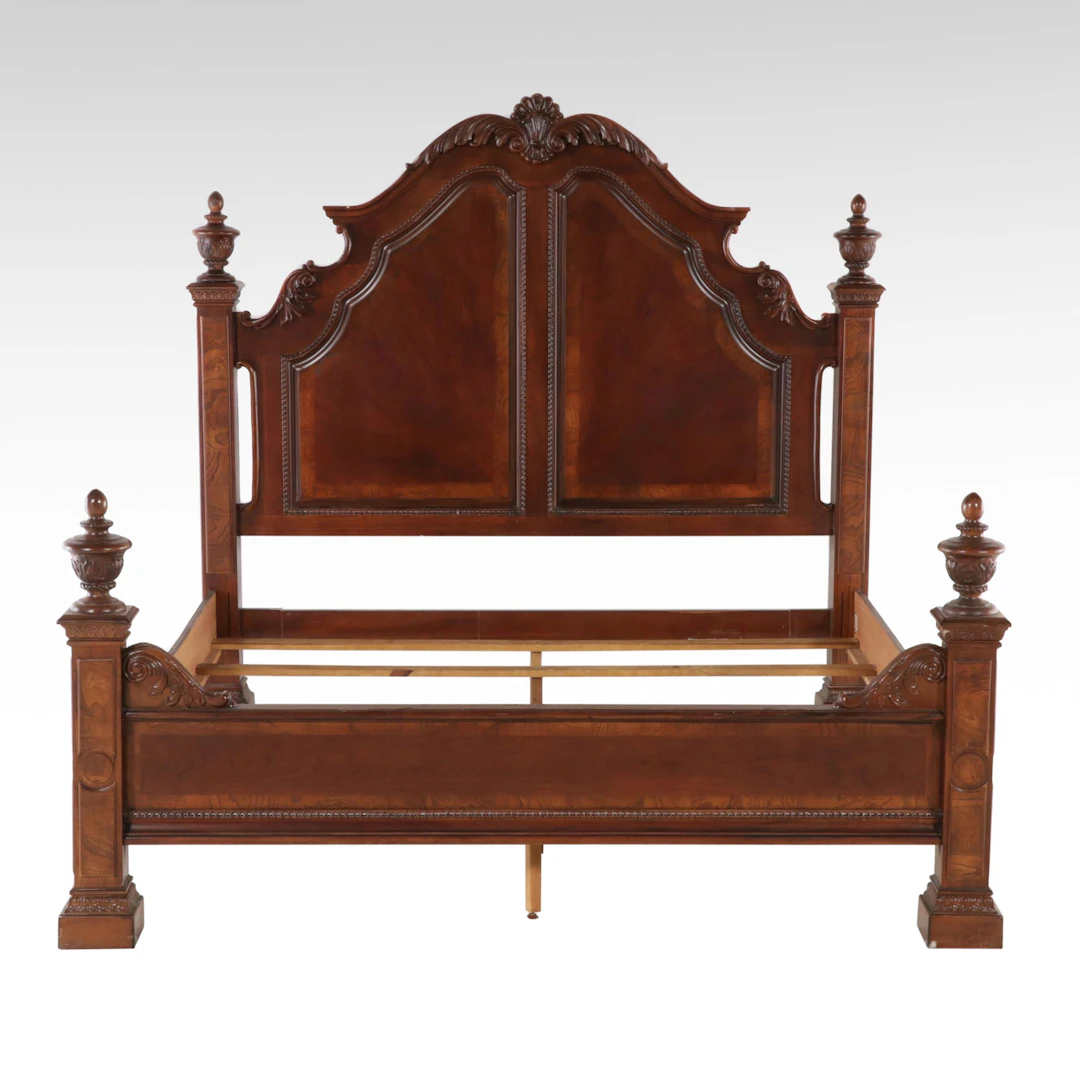 Rococo Revival Style Mahogany Finish King Size Bed Frame
