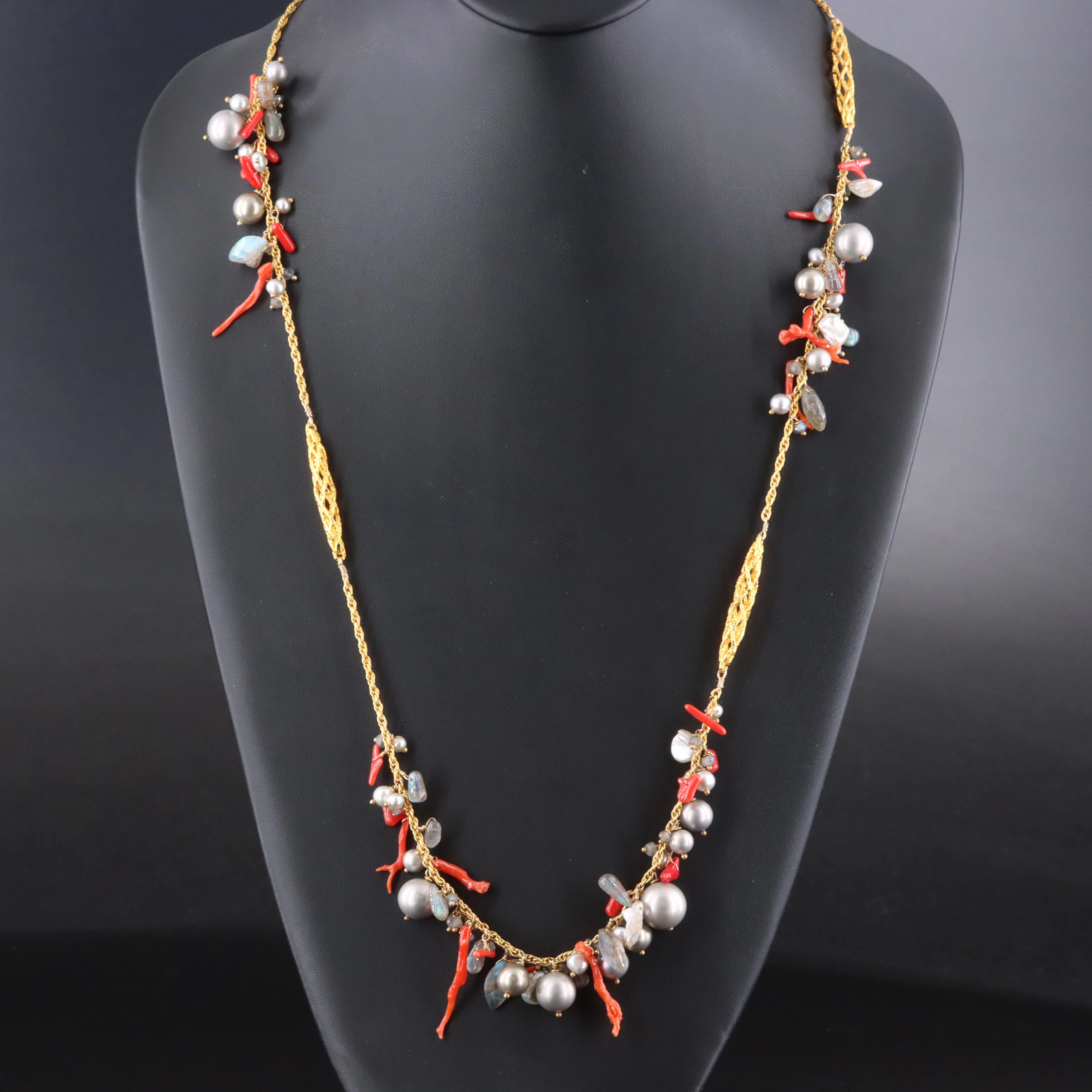Alexis Bittar Labradorite, Pearl and Coral Cluster Necklace