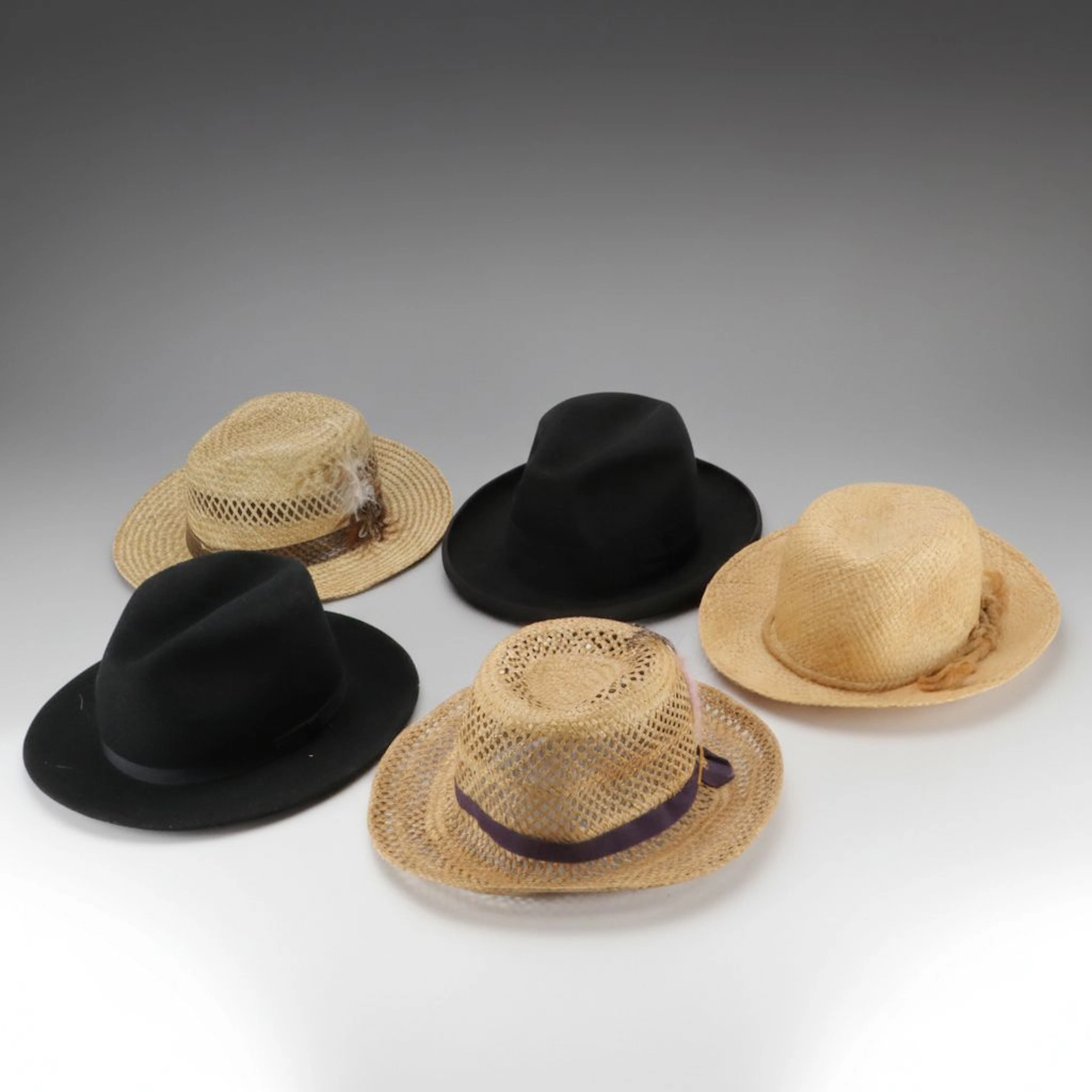 Manson and Country Gentleman Black Wool Felt Fedoras, Other Straw Hats and Box