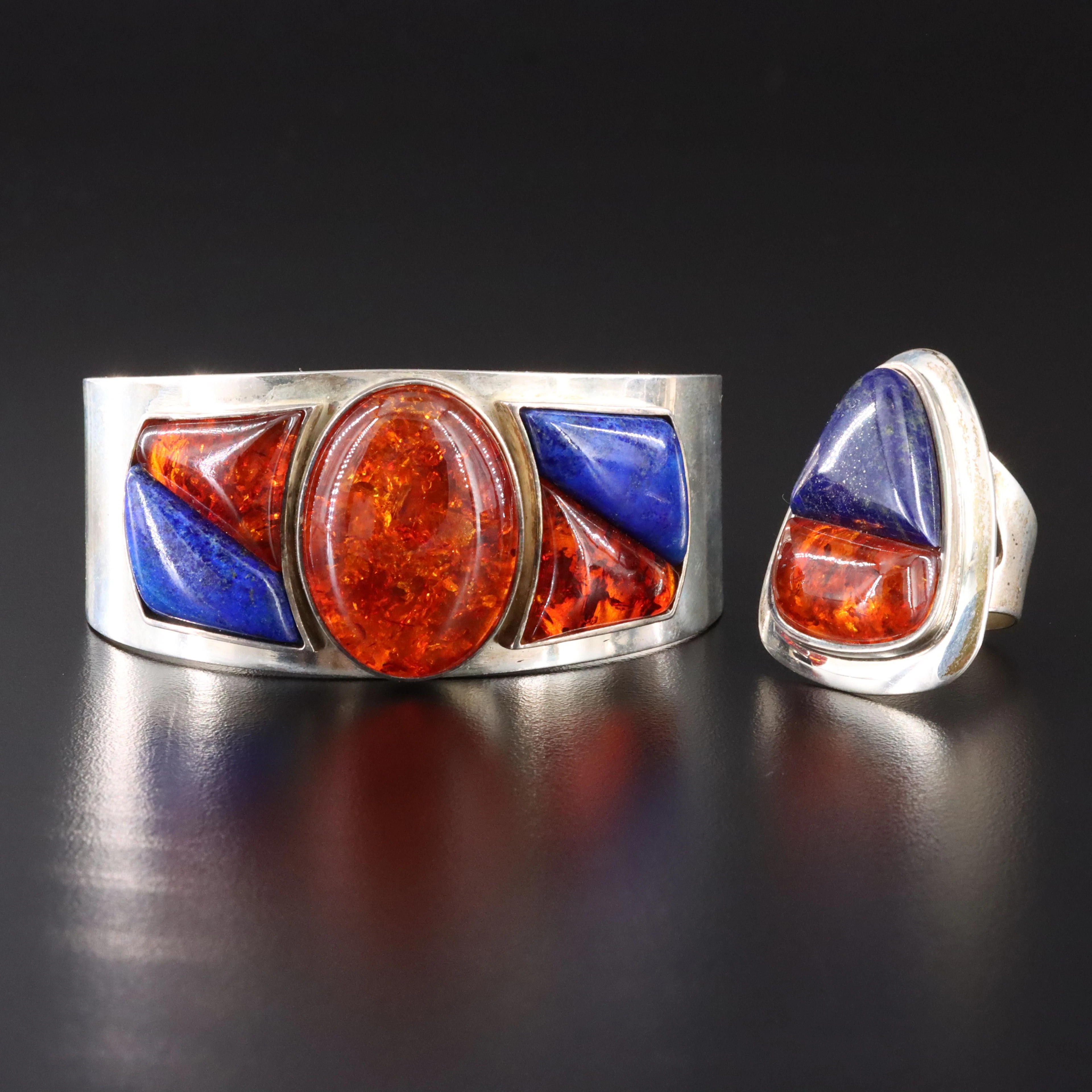 Desert Rose Trading Sterling Amber and Lapis Lazuli Ring and Cuff Bracelet