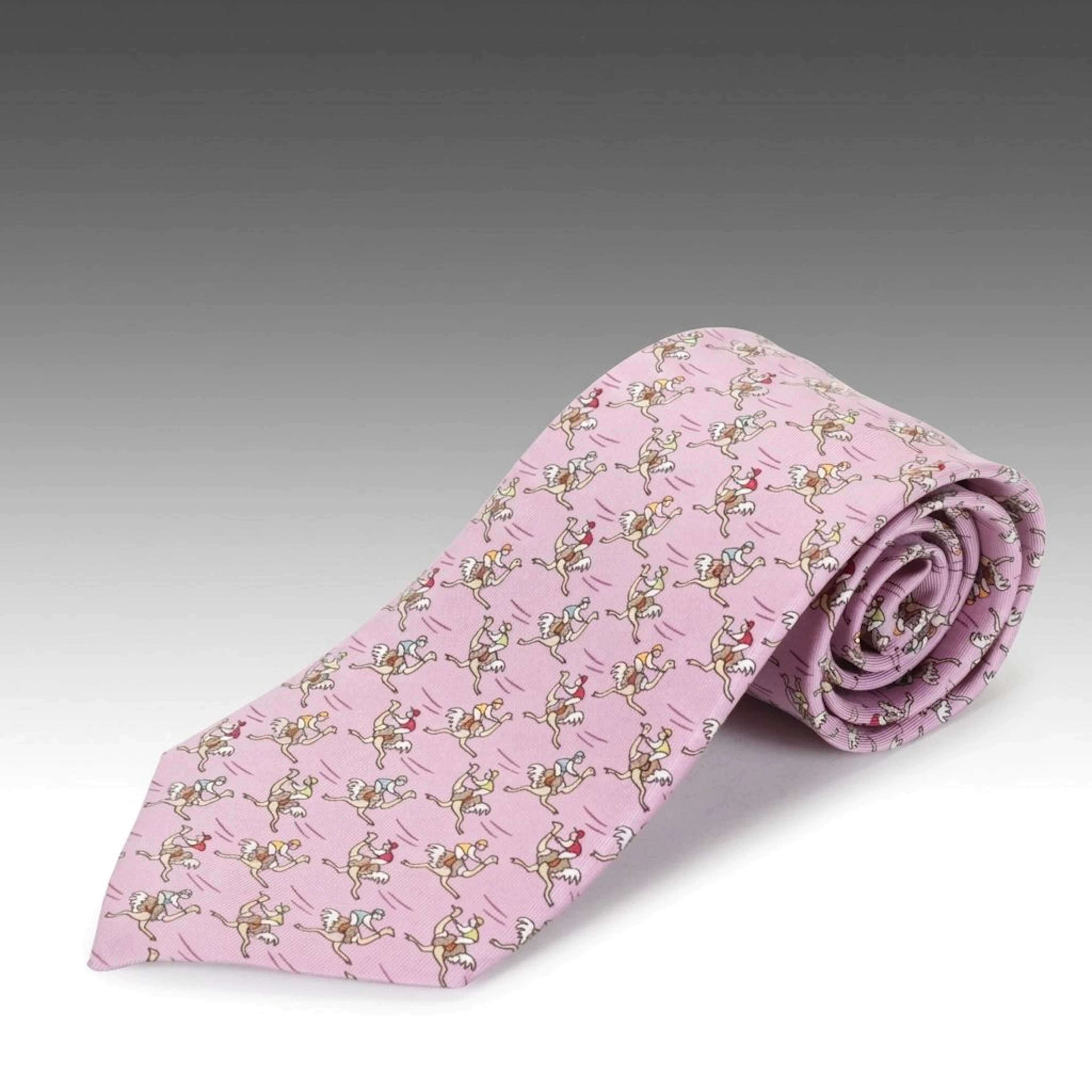 Hermès "Ostrich Race" Neck Tie in Pink Silk