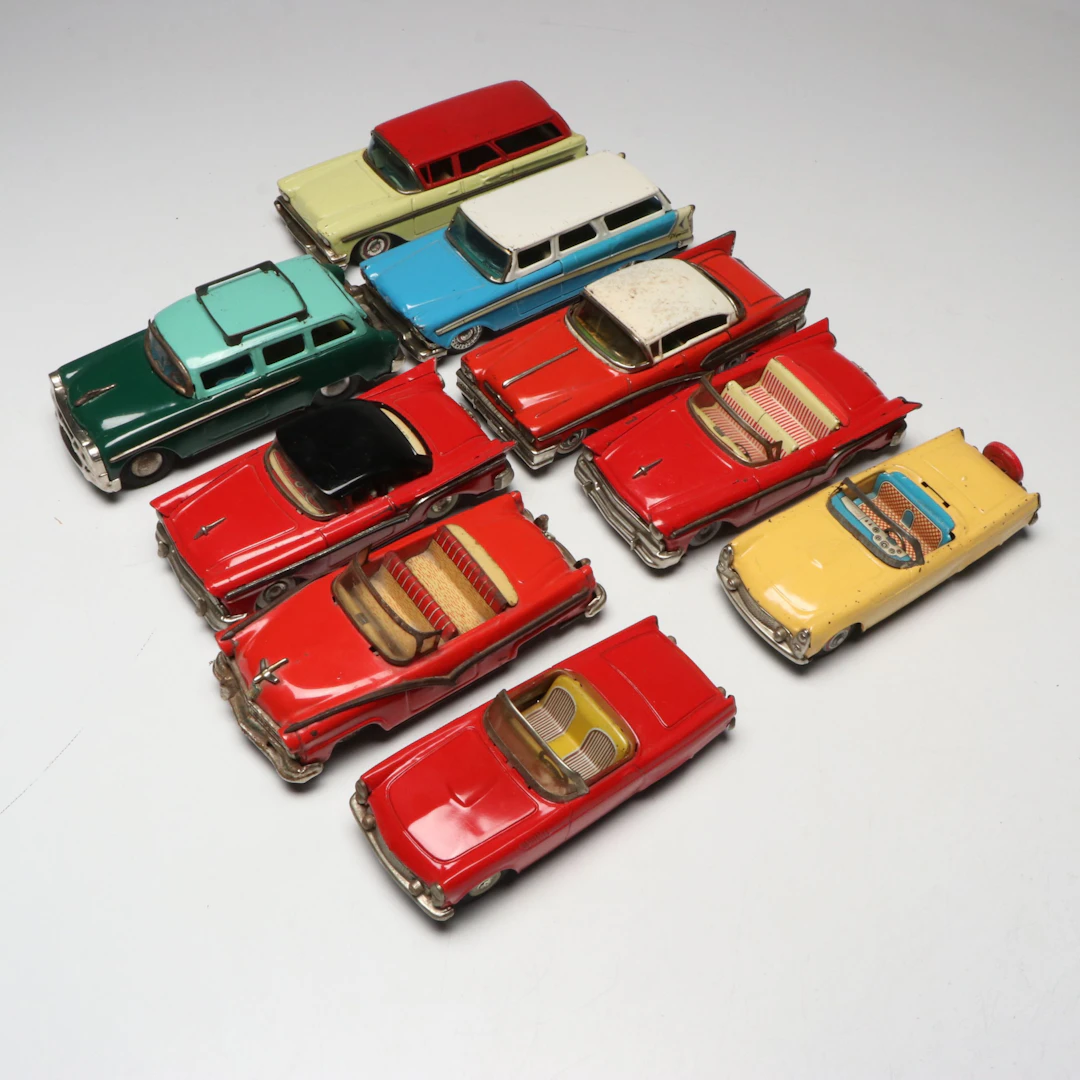Ford Thunderbird, Fairlane, Chevy Wagon Friction Toys, & Pressed Steel Vehicles