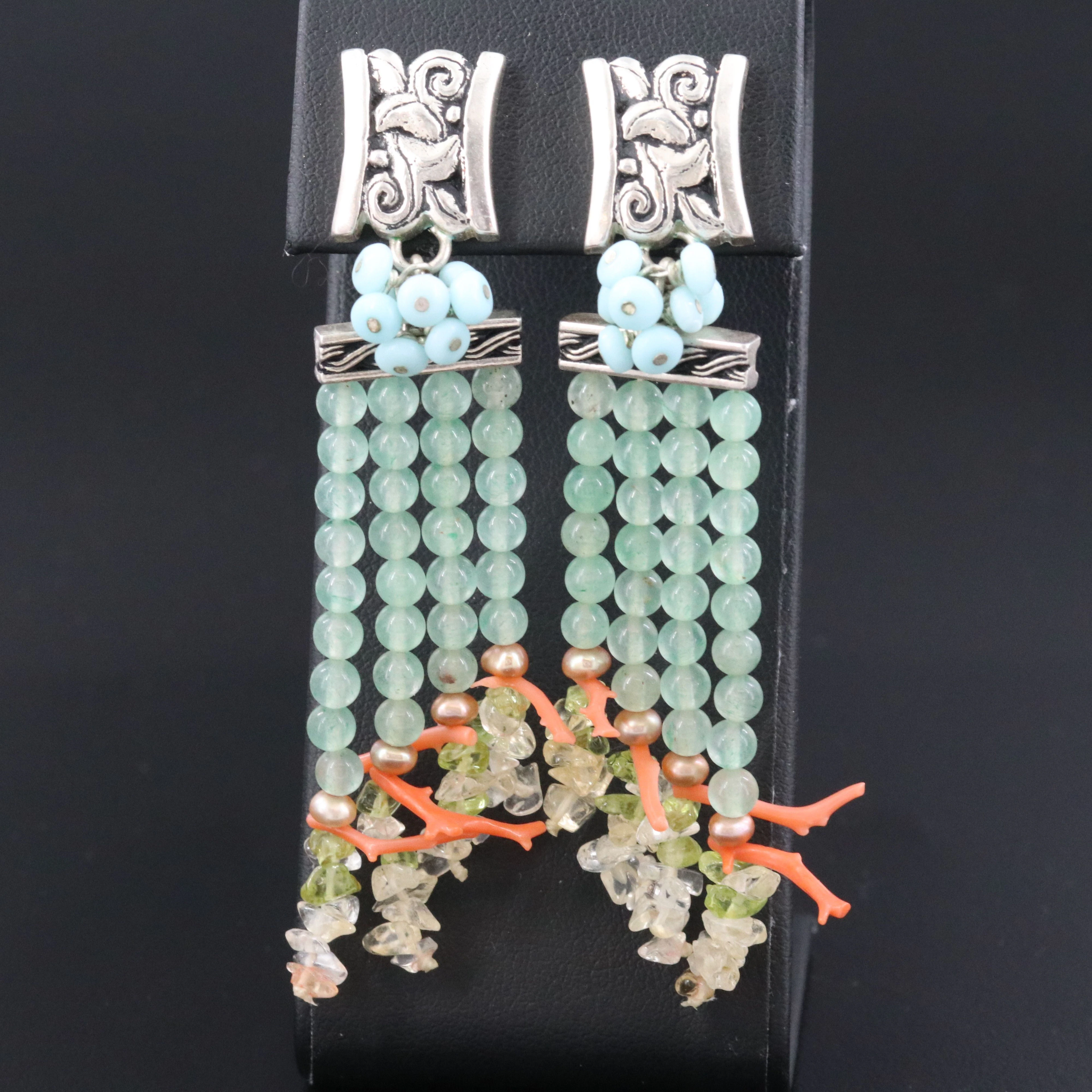 Sterling Aventurine, Coral and Gemstone Earrings