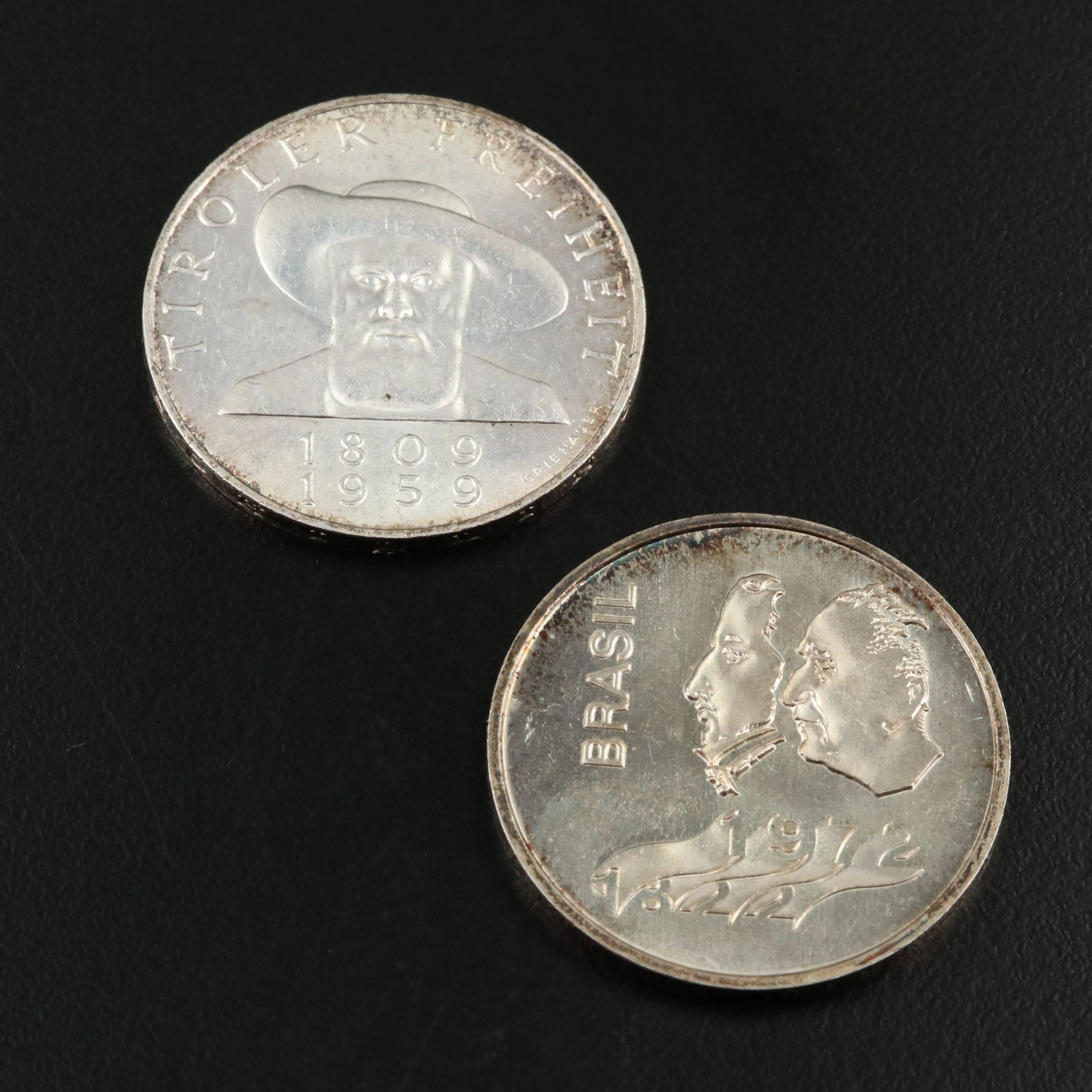 Two Silver Foreign Coins 1959 Austria and 1972 Brazil