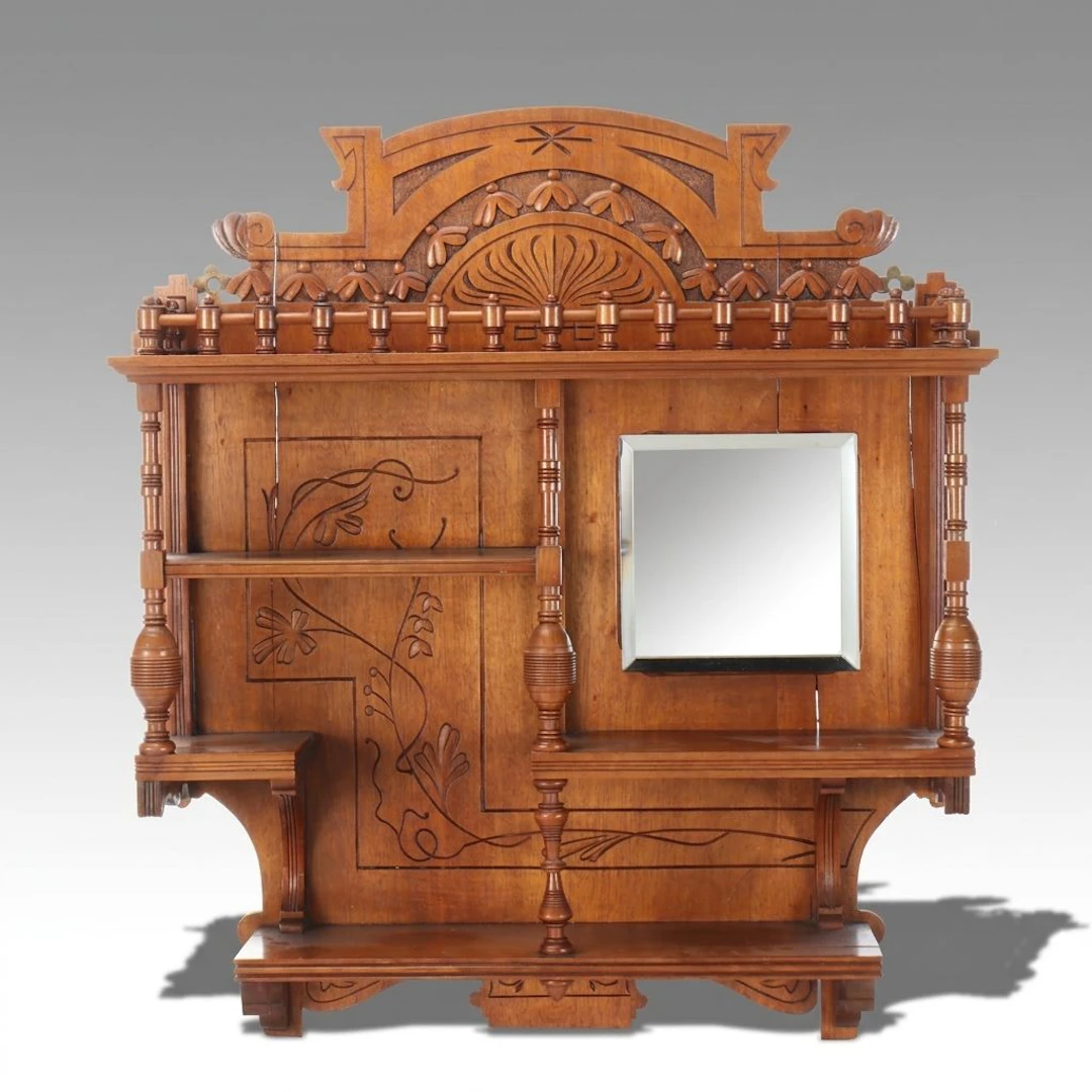 Aesthetic Movement Walnut Mirrored Wall Shelf, Late 19th Century