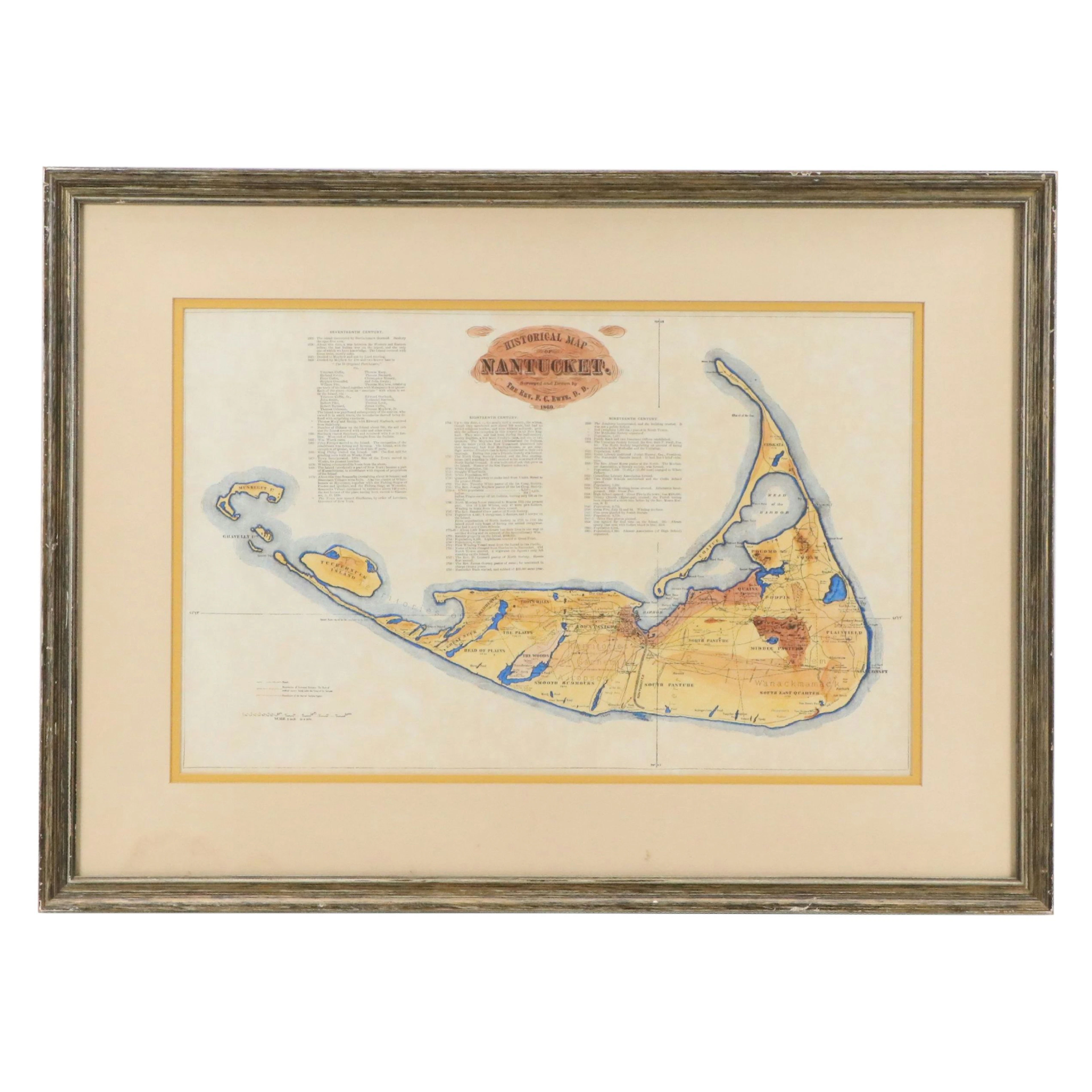 Hand-Colored Map Engraving of Nantucket After F. C. Ewer, 1869