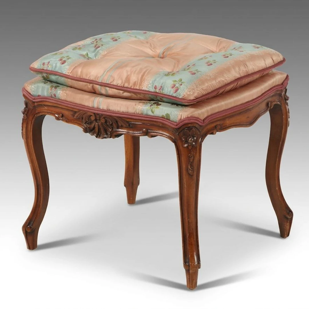 Louis XV Style Carved Hardwood and Custom-Upholstered Tabouret w/