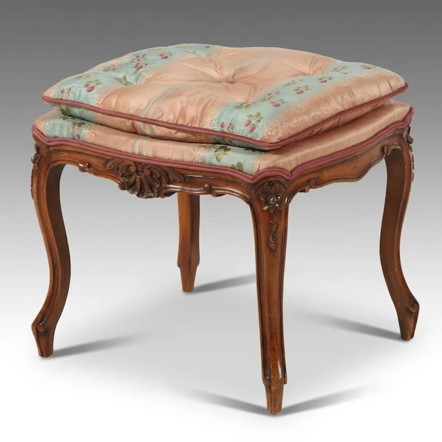 Louis XV Style Carved Hardwood and Custom-Upholstered Tabouret w/