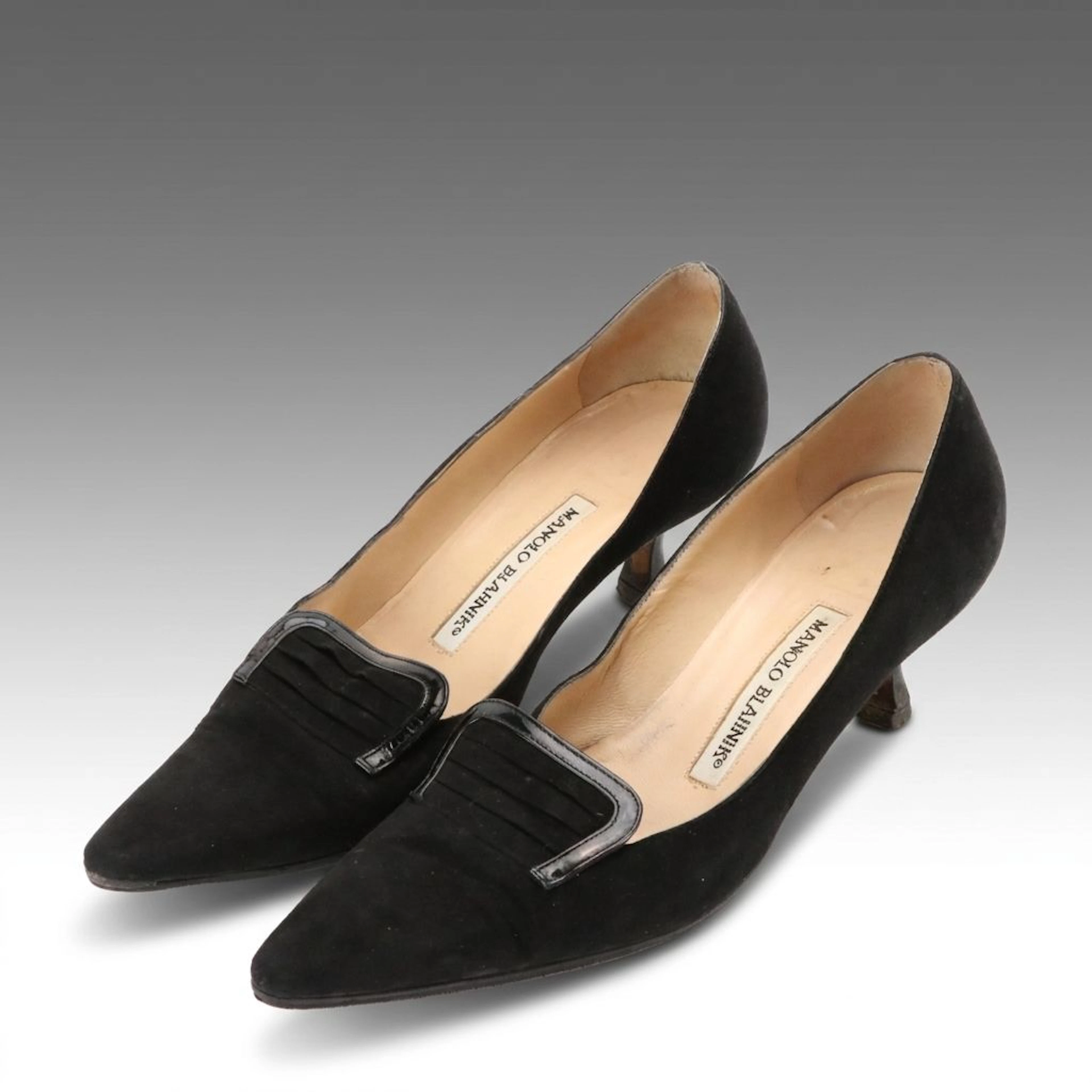 Manolo Blahnik Pointed Toe Kitten Heels in Black Suede and Patent Leather Trim