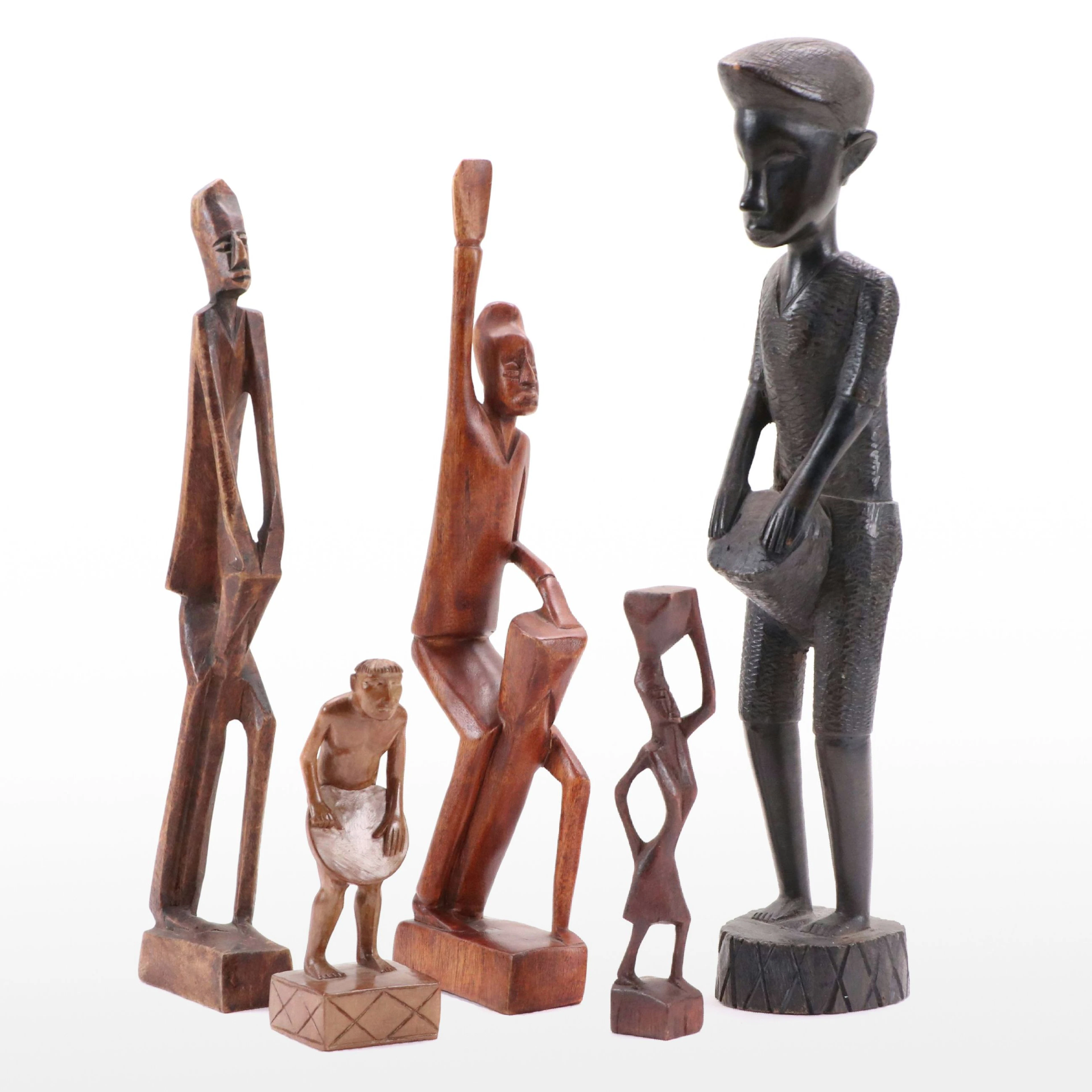 African and Filipino Figural Hand-Carved Wooden Sculptures