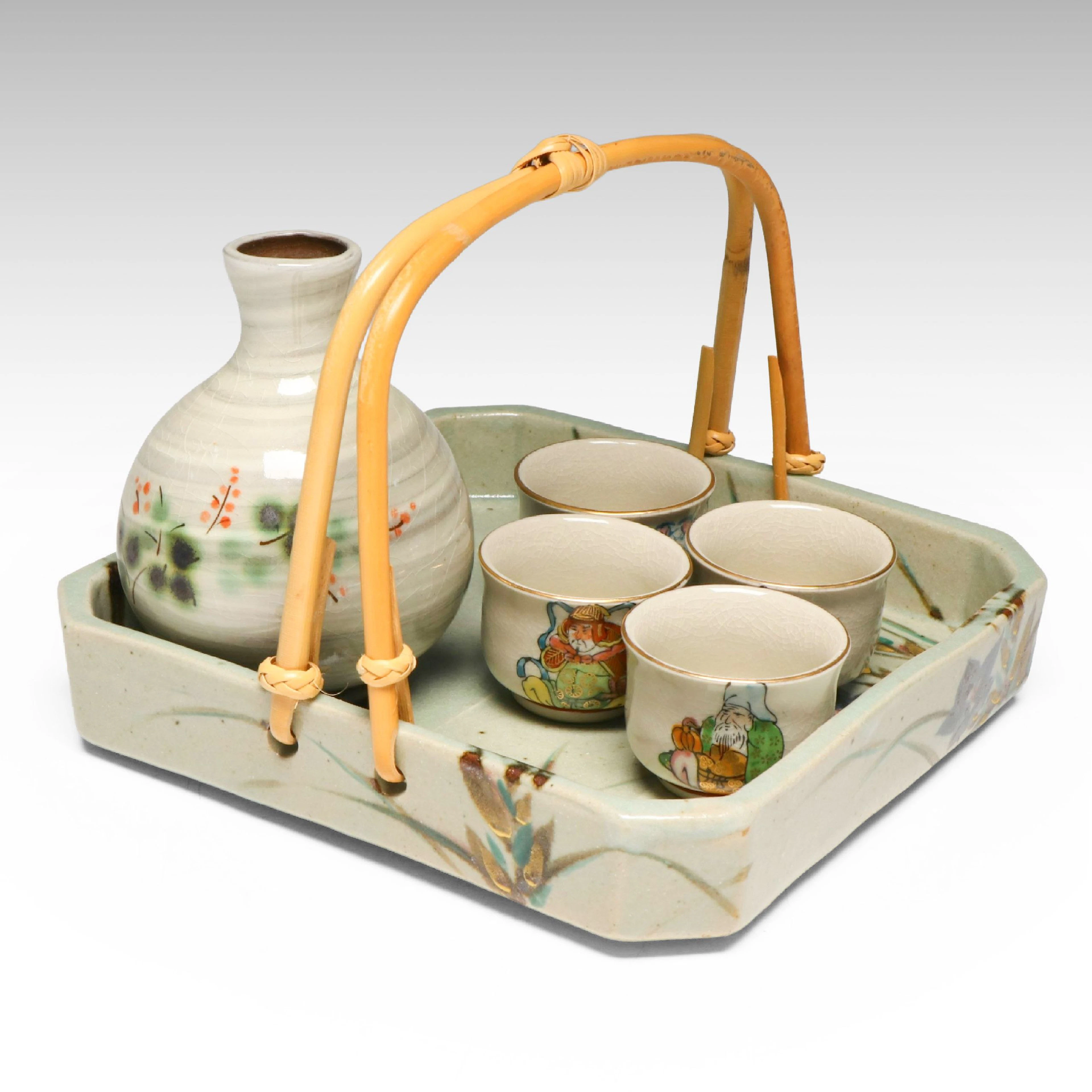 Japanese Floral Salt Glazed Stoneware Tray with Porcelain Sake Bottle and Cups