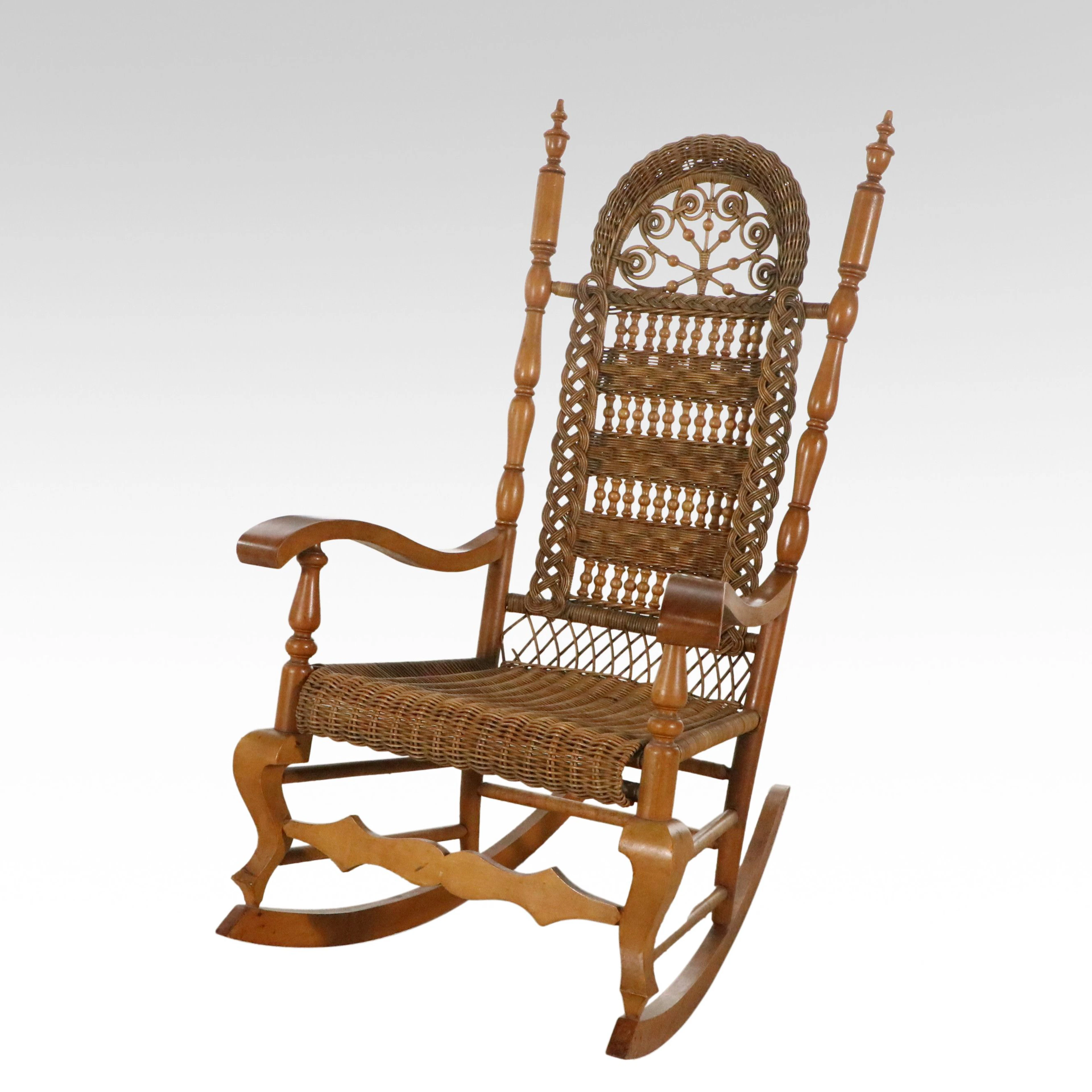 Aesthetic Movement Style Wicker Rattan and Wood Rocking Chair, 20th Century