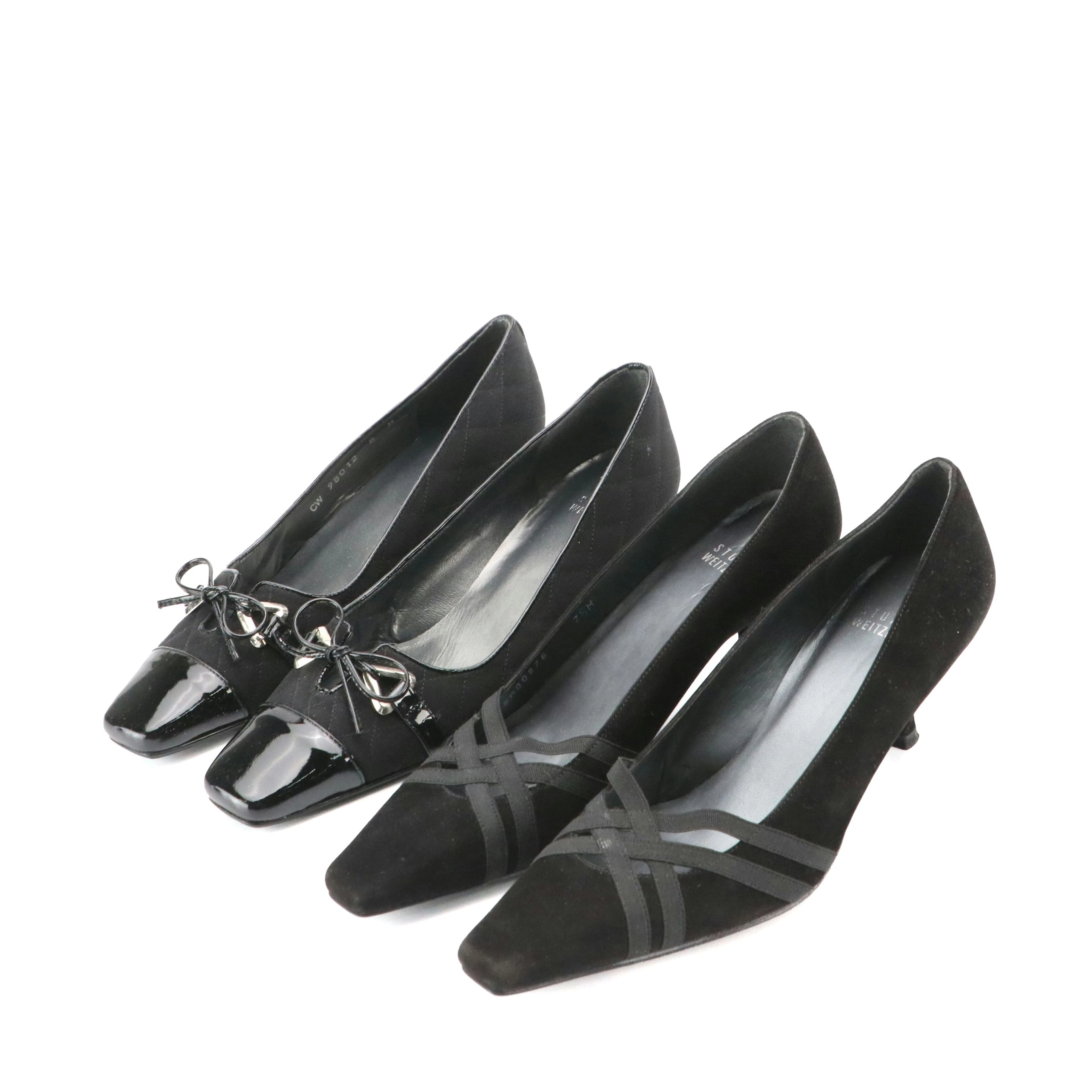 Stuart Weitzman Square Toe Pumps in Black Suede and Patent Leather, With Boxes