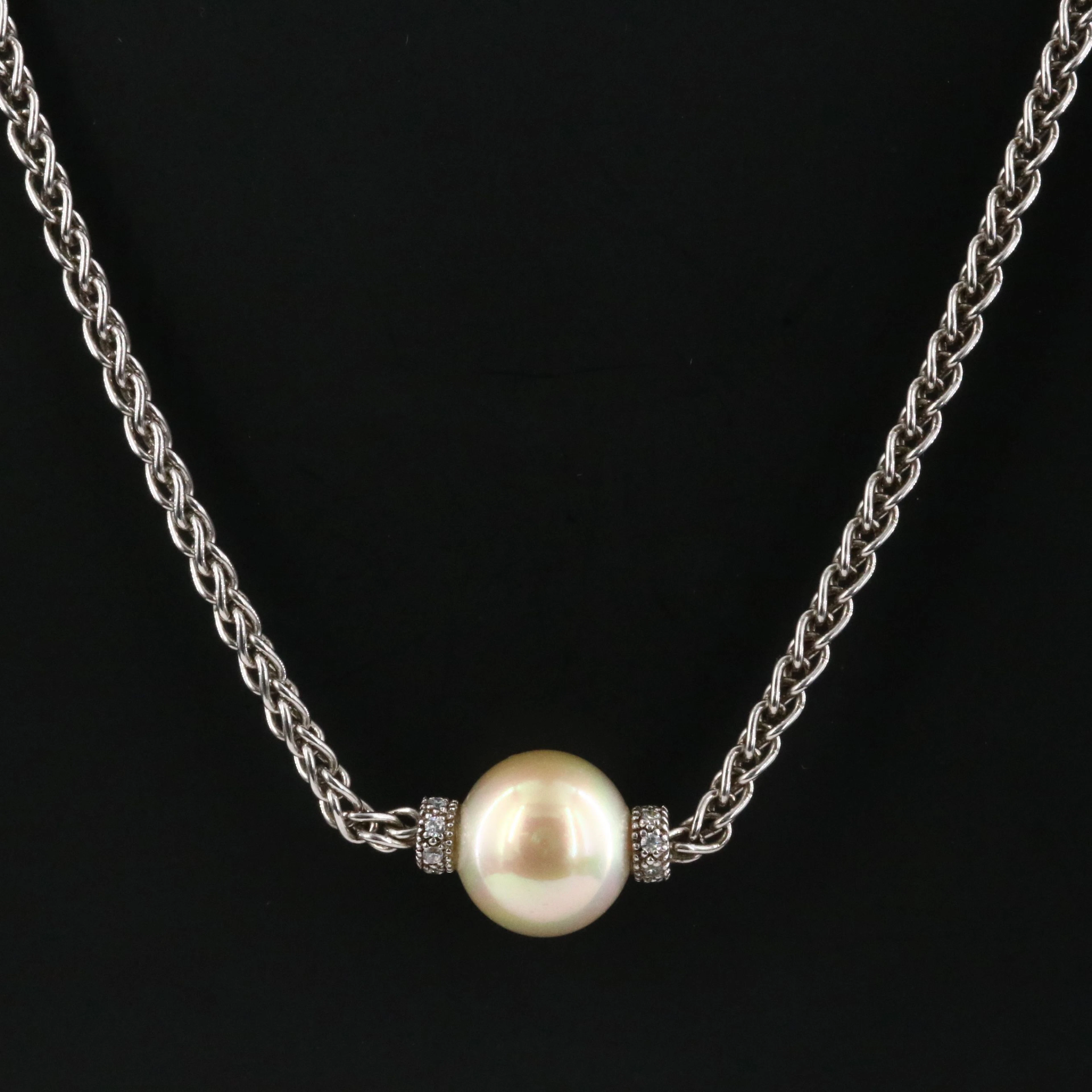 Sterling Faux Pearl and CZ Necklace
