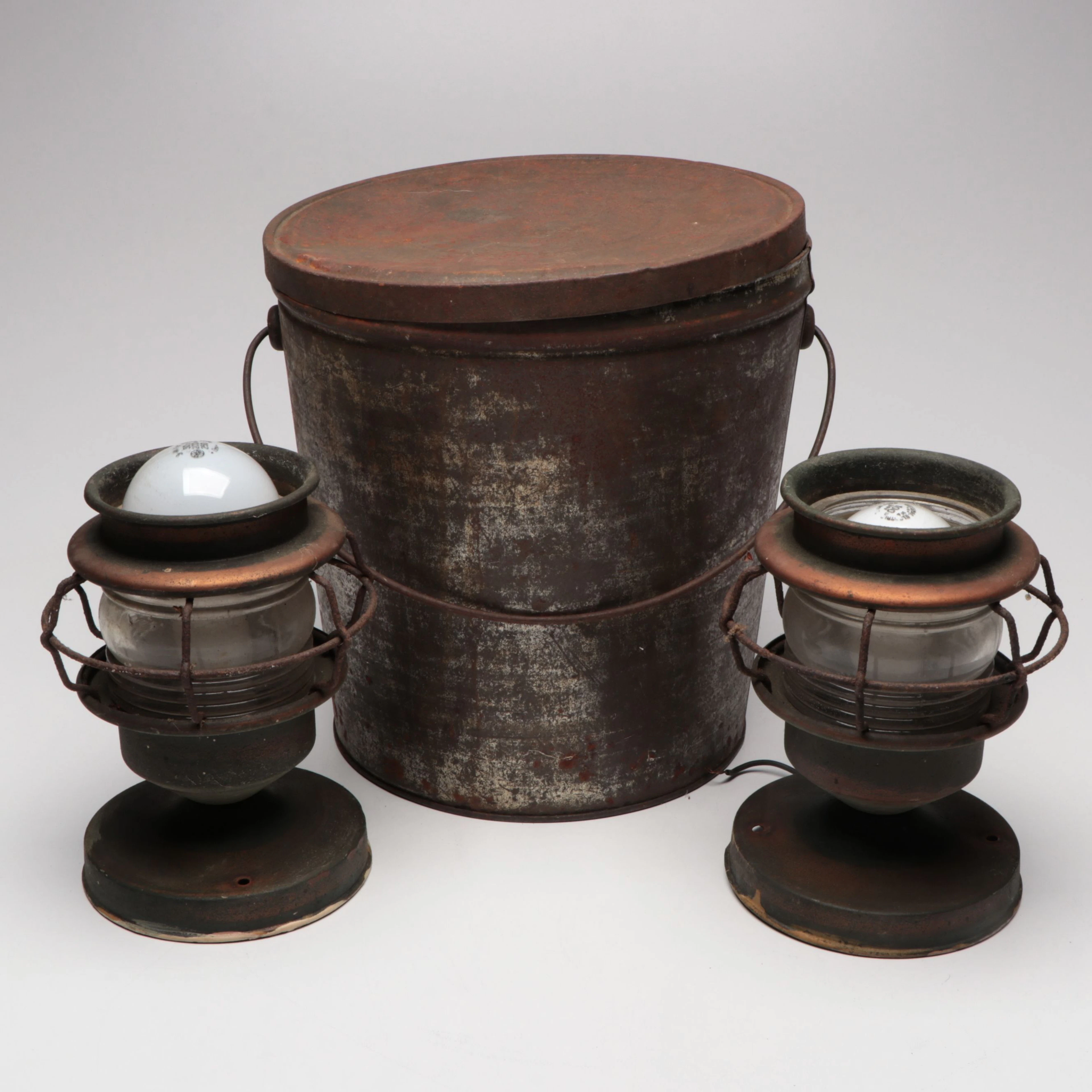 Copper Nautical Lantern Converted Lamps with Bucket, Early to Mid-20th C.