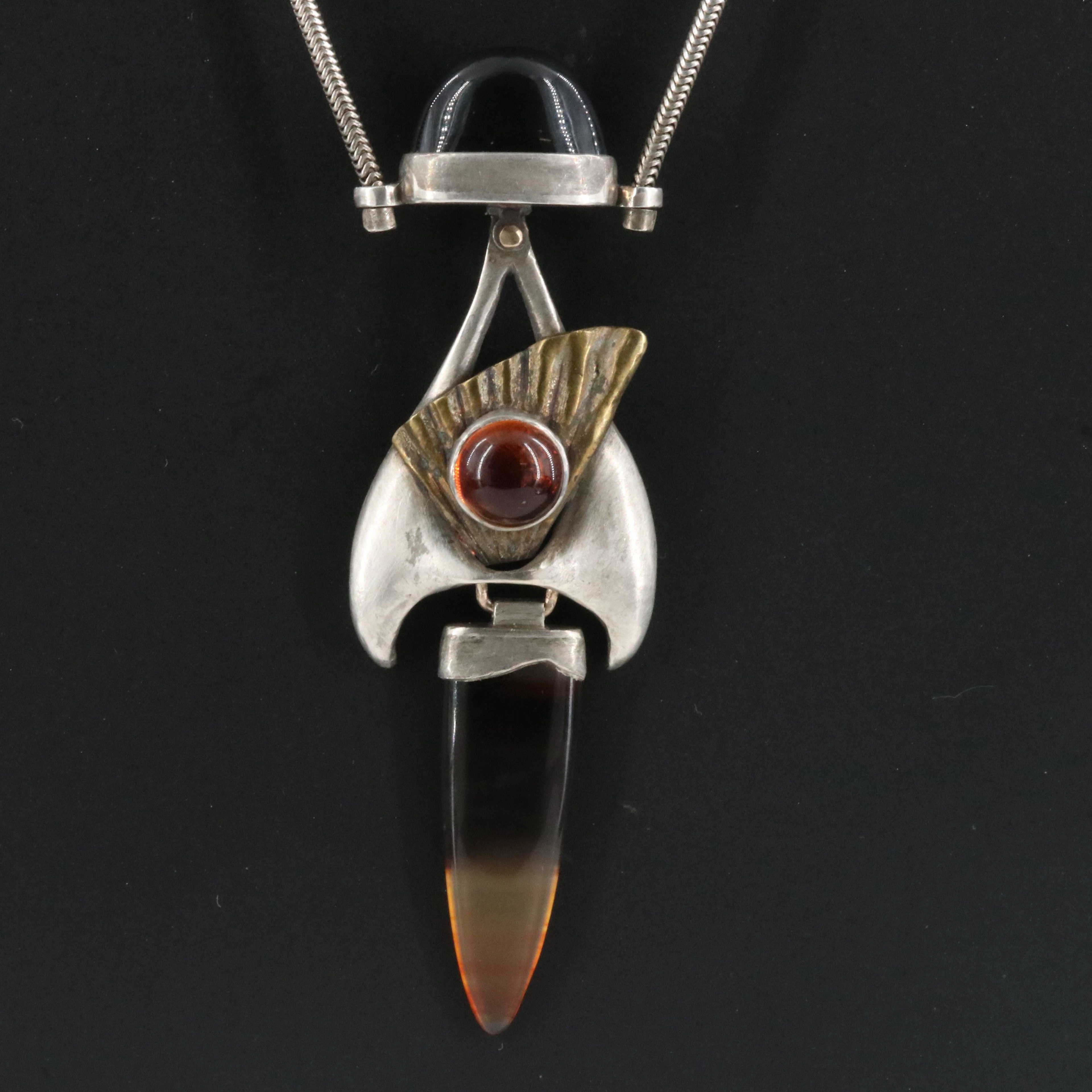Sterling Agate, Amber and Black Onyx Handmade Studio Necklace