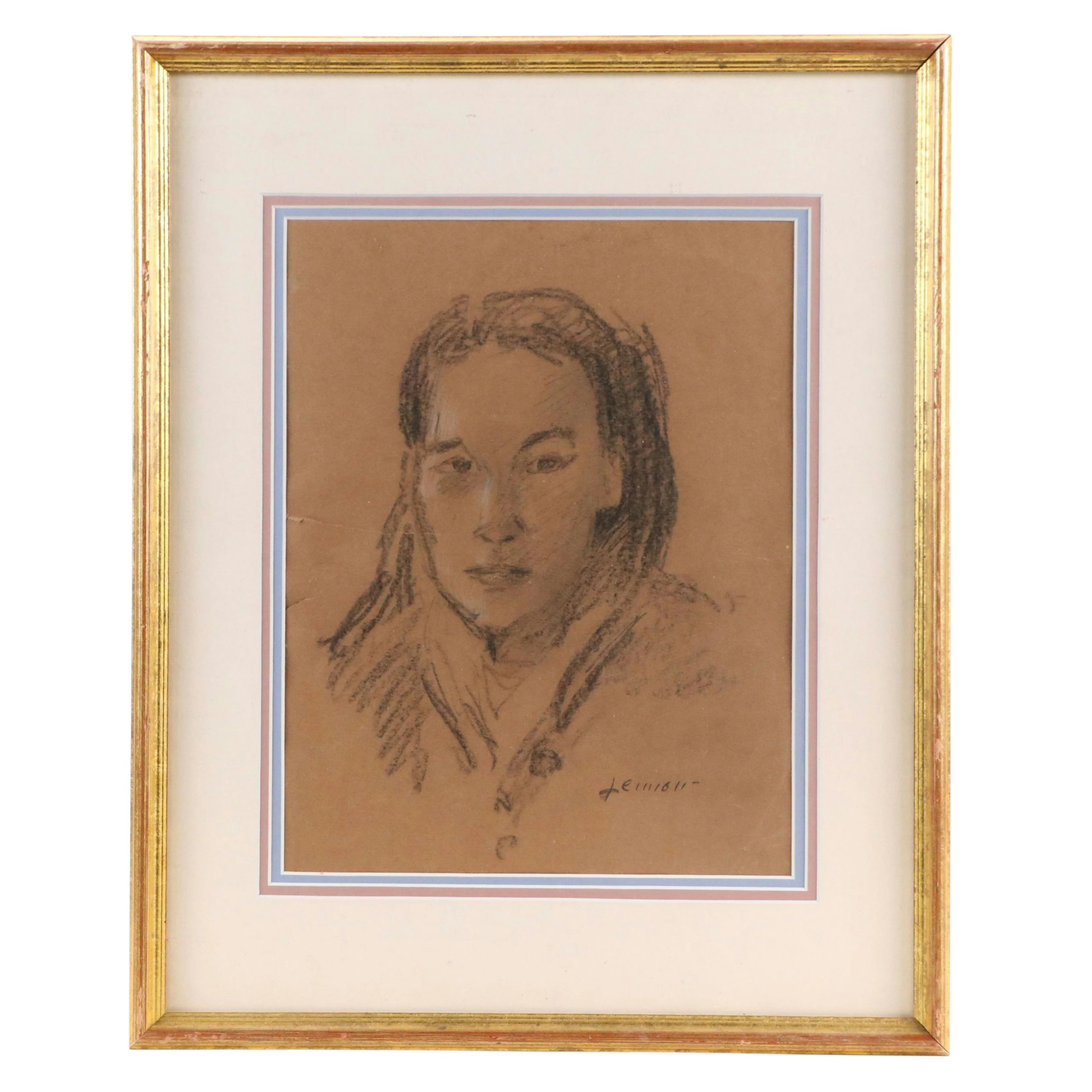 Bernard Lennon Portrait Charcoal Drawing, Late 20th Century