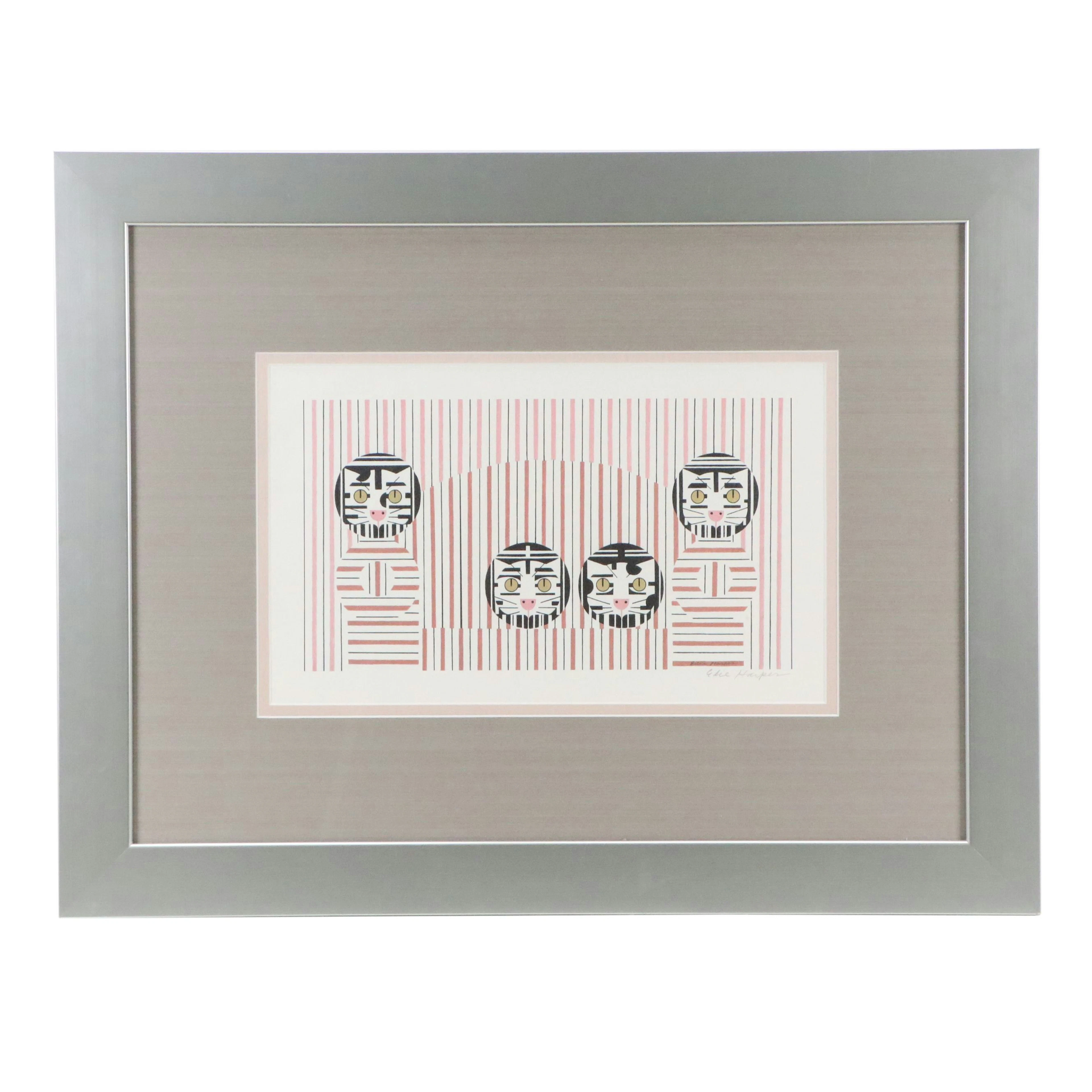 Edie Harper Geometric Offset Lithograph "Couch Petatoes"