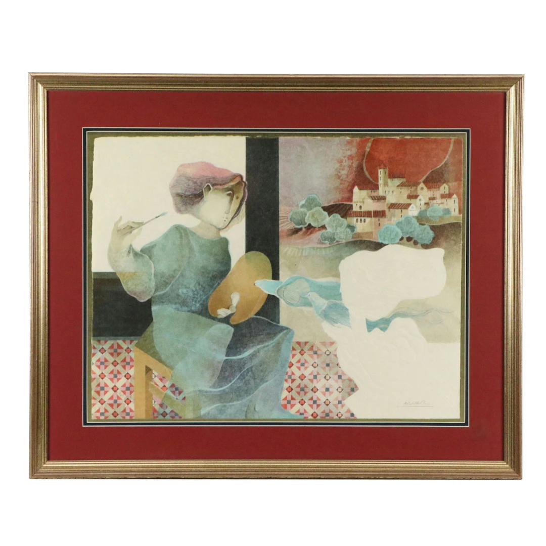 Alvar Suñol Munoz-Ramos Embossed Color Lithograph of Painter