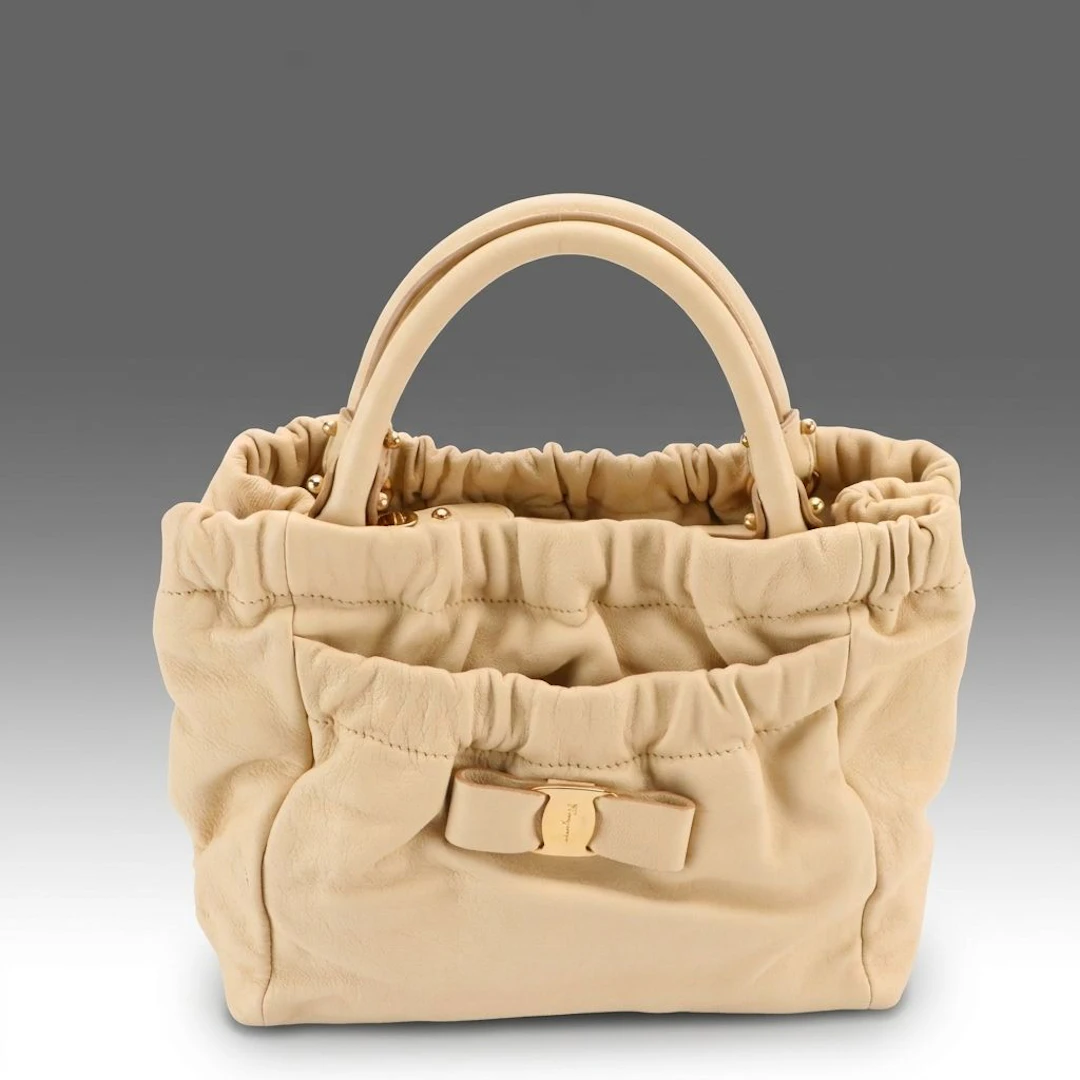 Salvatore Ferragamo Vara Bow Handbag in Light Beige Calfskin Leather