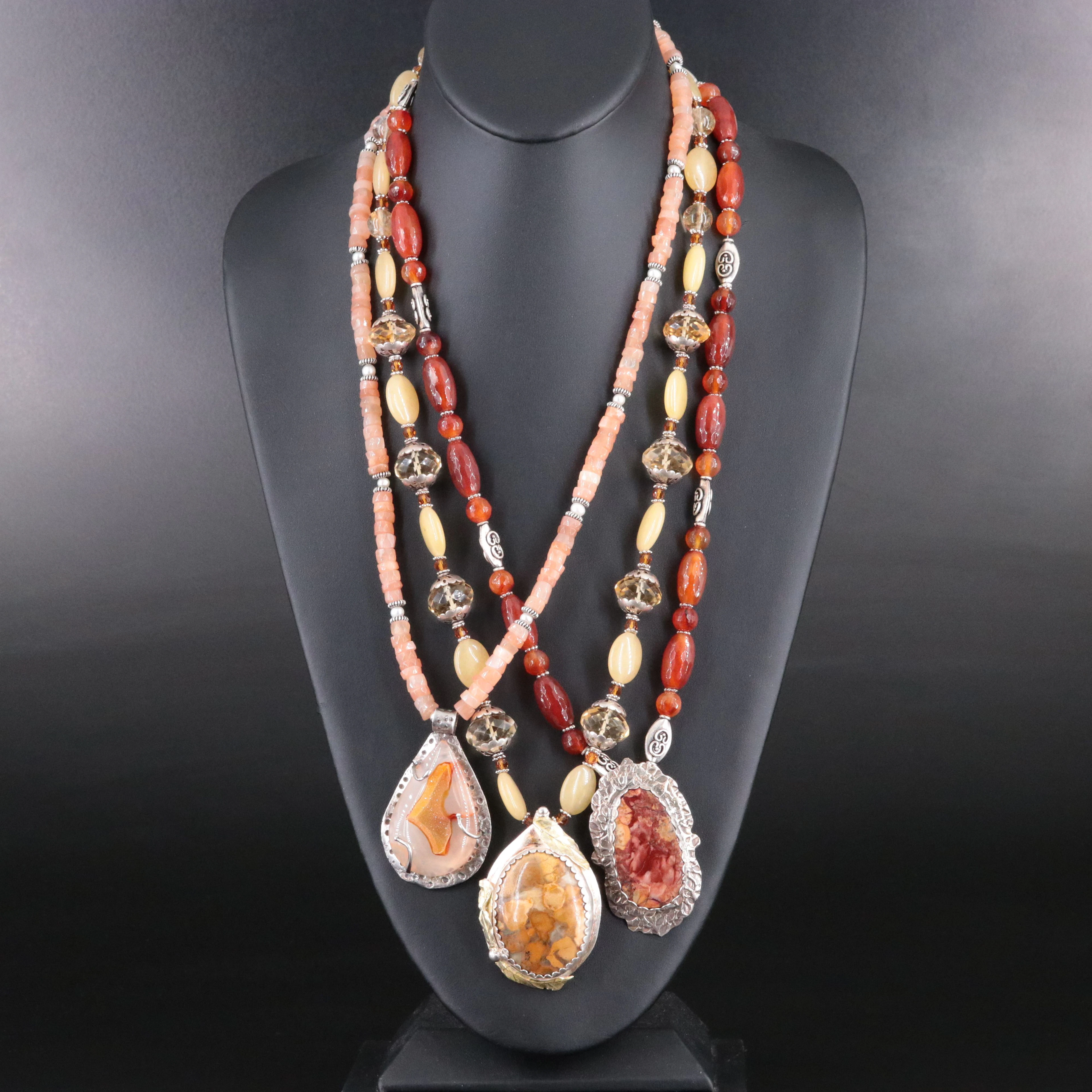 999 Silver Druzy, Citrine, and Agate Pendant Necklaces with Sterling Accents