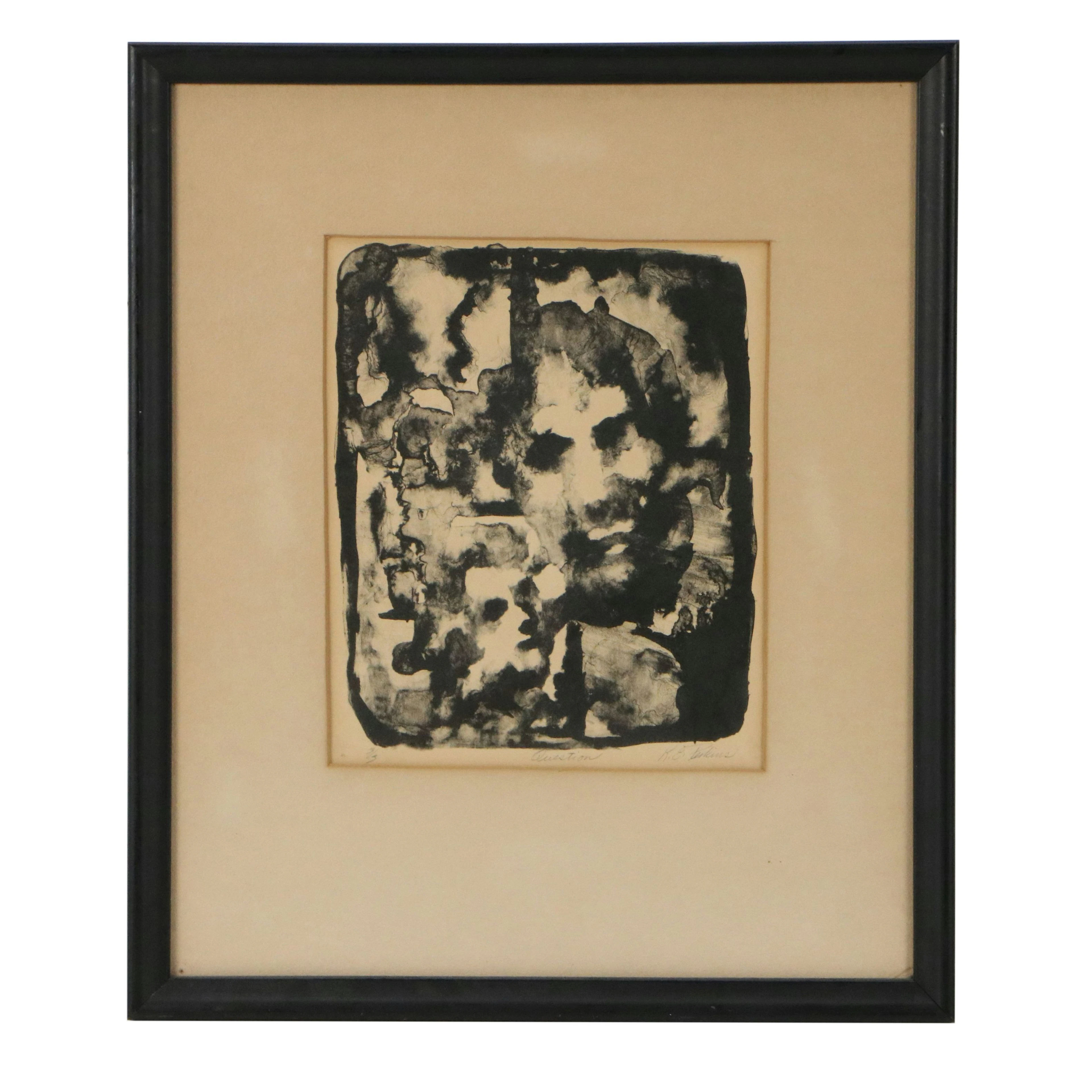 K. E. Perkins Abstract Lithograph with Hidden Faces "Question," 20th Century