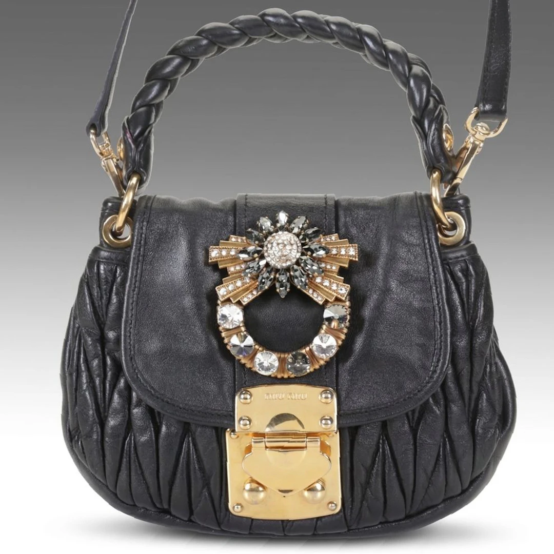 Miu Miu Crystal Embellished Buckle Two-Way Coffer Bag in Black Matelassé