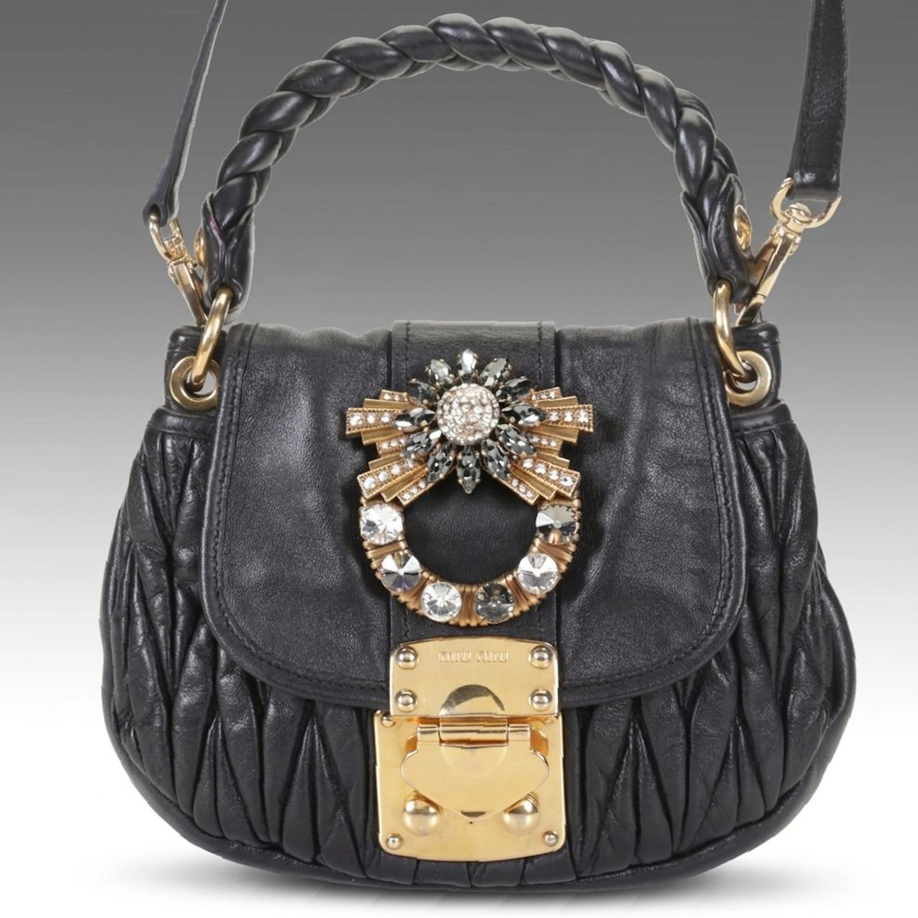 Miu Miu Crystal Embellished Buckle Two-Way Coffer Bag in Black Matelassé