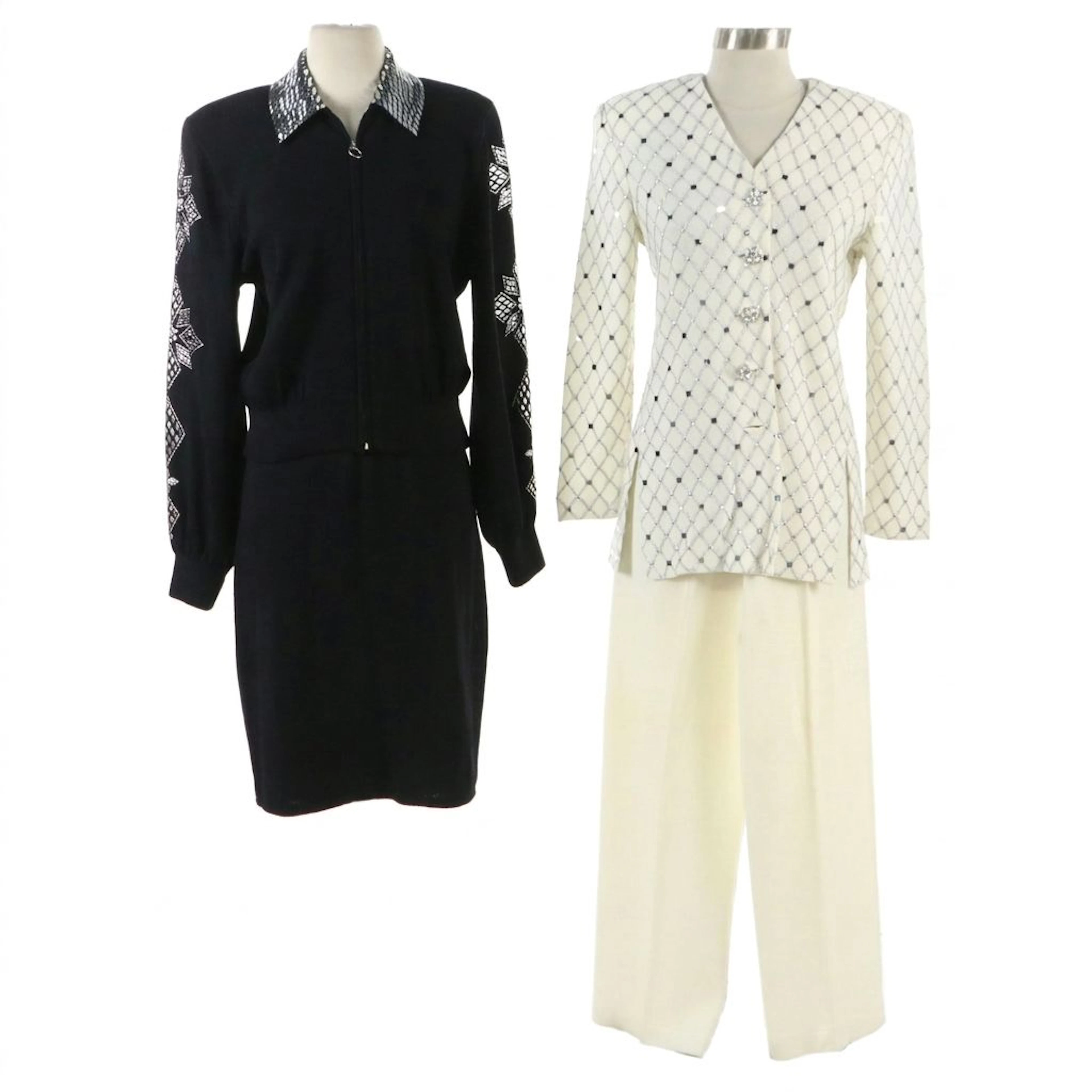 St. John Brand Santana Knit Black Skirt Set and White Pant Set, Vintage