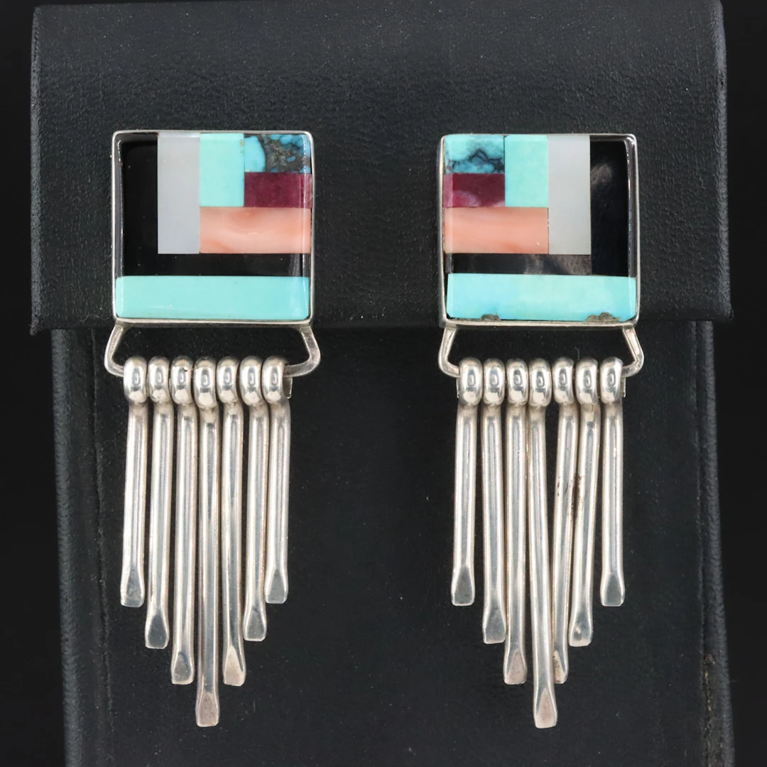 Western Sterling Mosaic Earrings Featuring Turquoise, Coral and Spiny Oyster