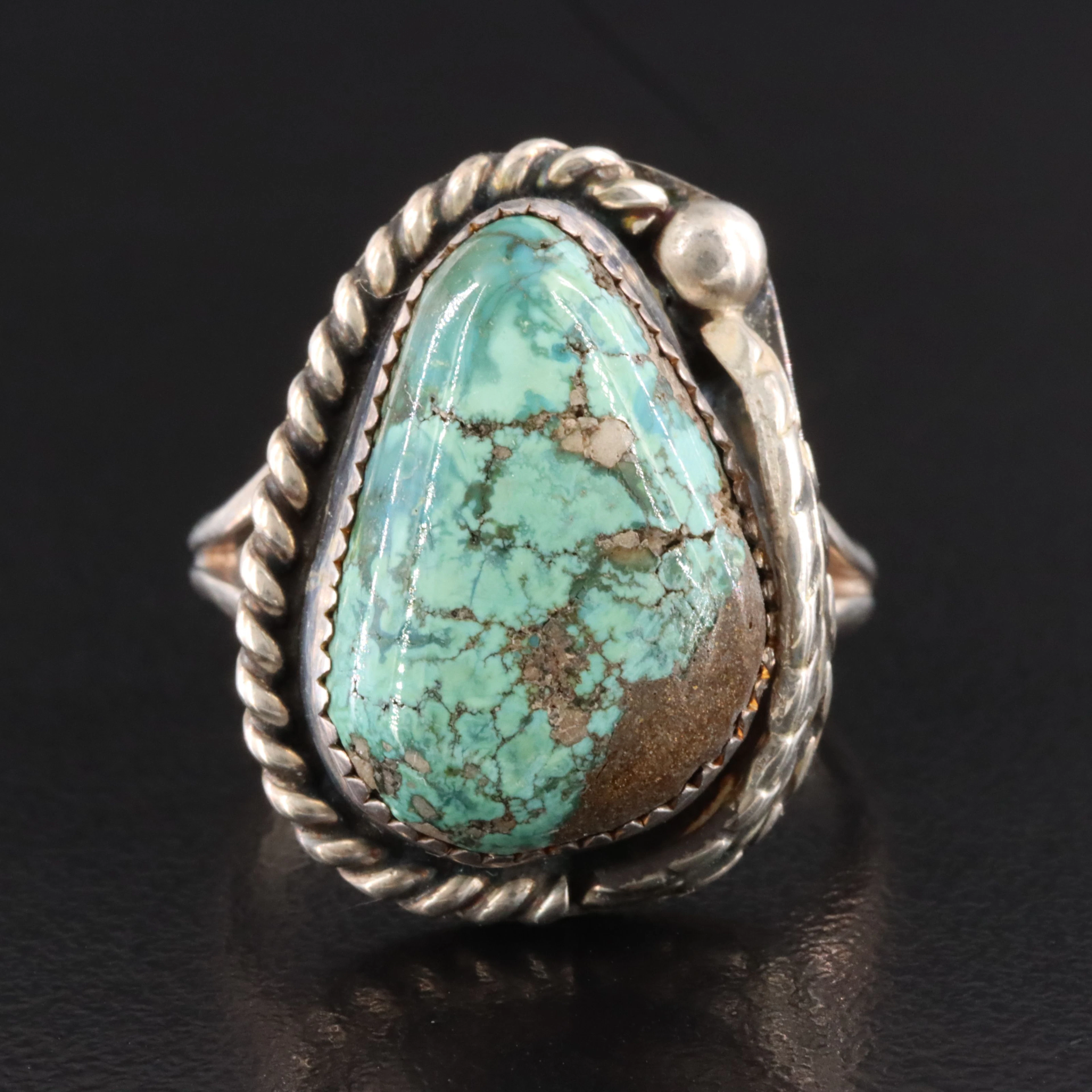 Signed Southwestern Sterling Turquoise Feather Appliqué Ring
