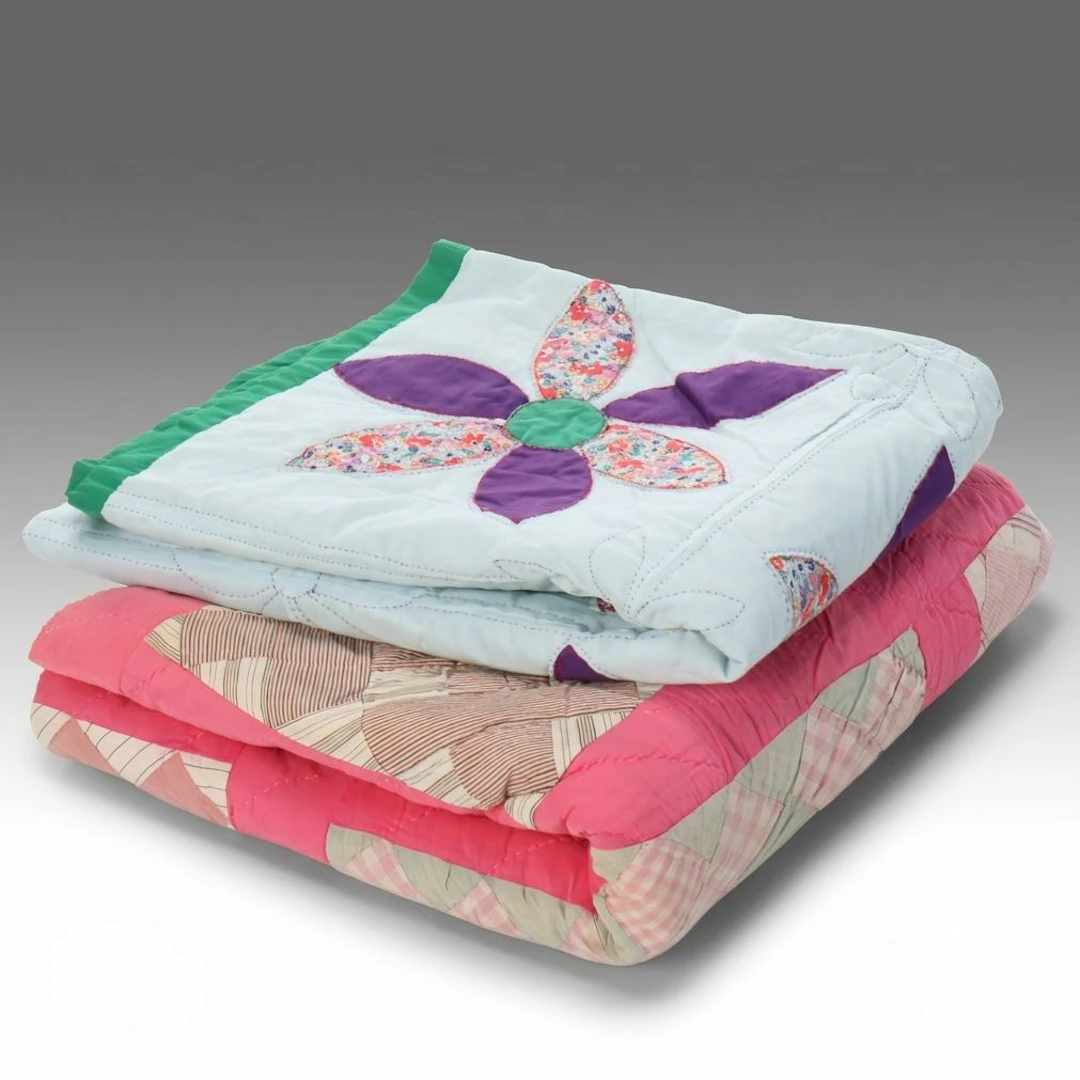 Hand-Stitched "Criss-Cross" Patchwork Quilt with Floral Appliqué Quilt