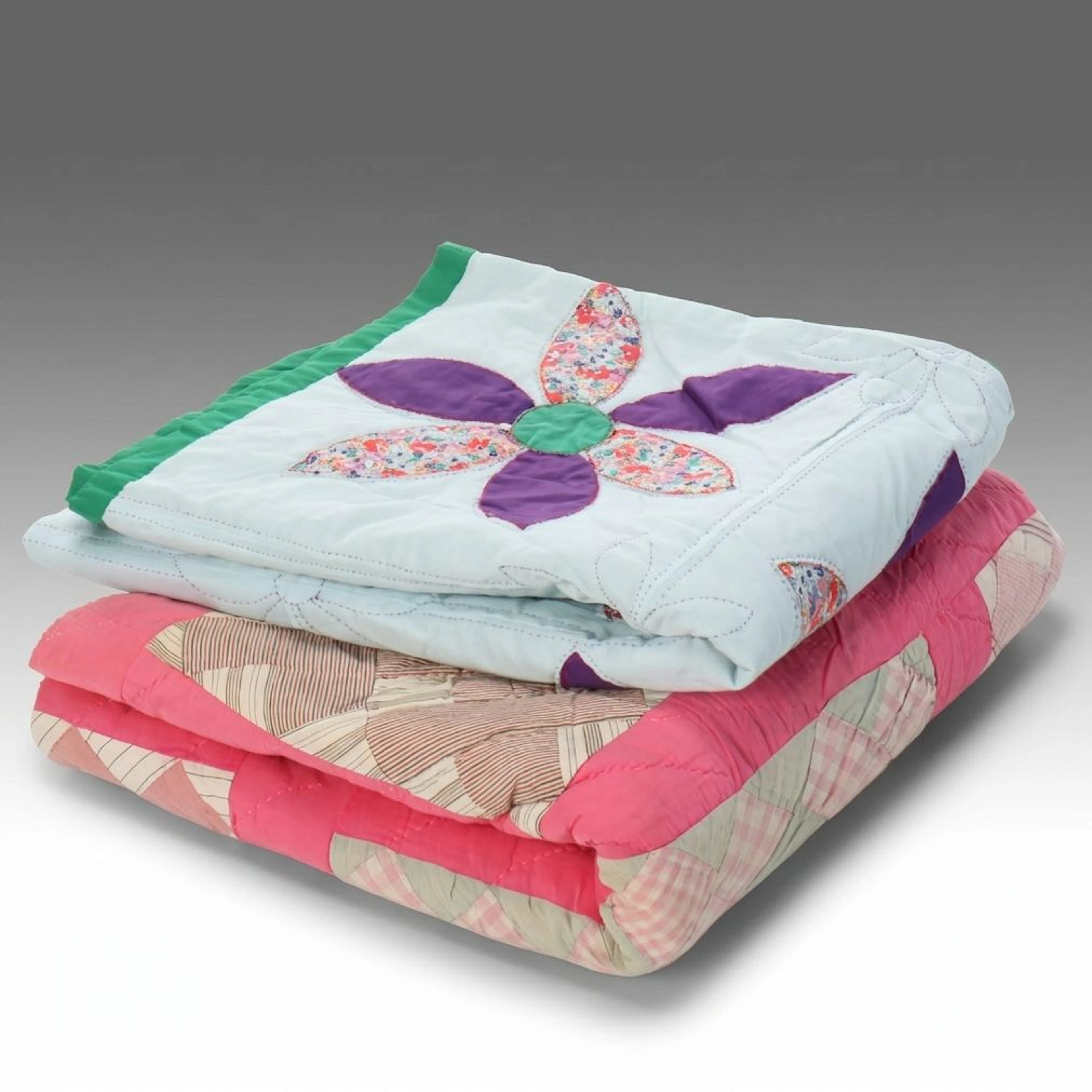 Hand-Stitched "Criss-Cross" Patchwork Quilt with Floral Appliqué Quilt