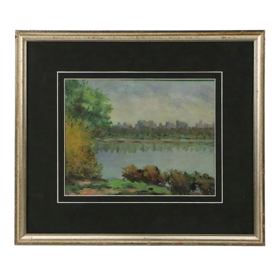 Oil Painting of Lake Landscape with Distant City View, Late 20th or