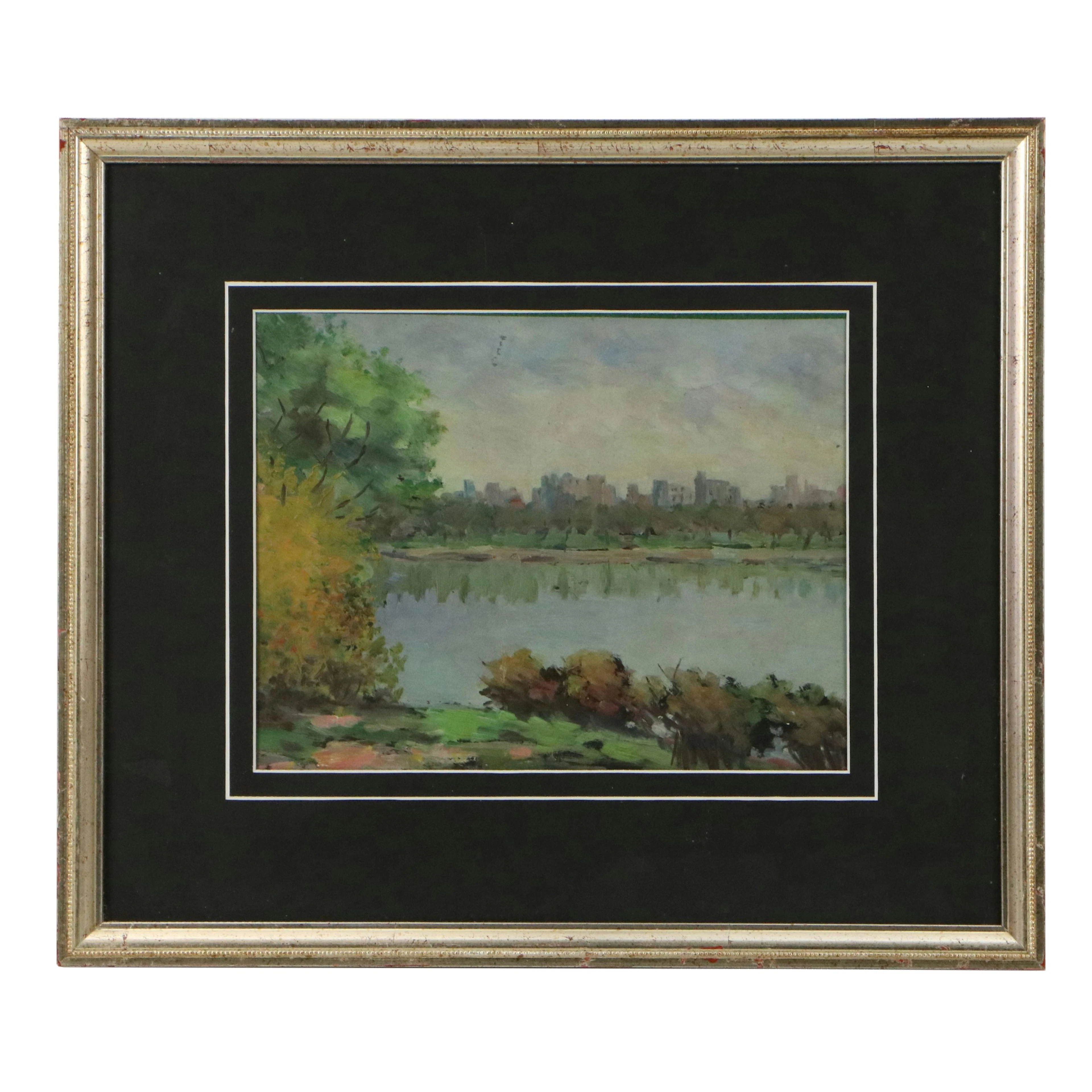 Oil Painting of Lake Landscape with Distant City View, Late 20th or