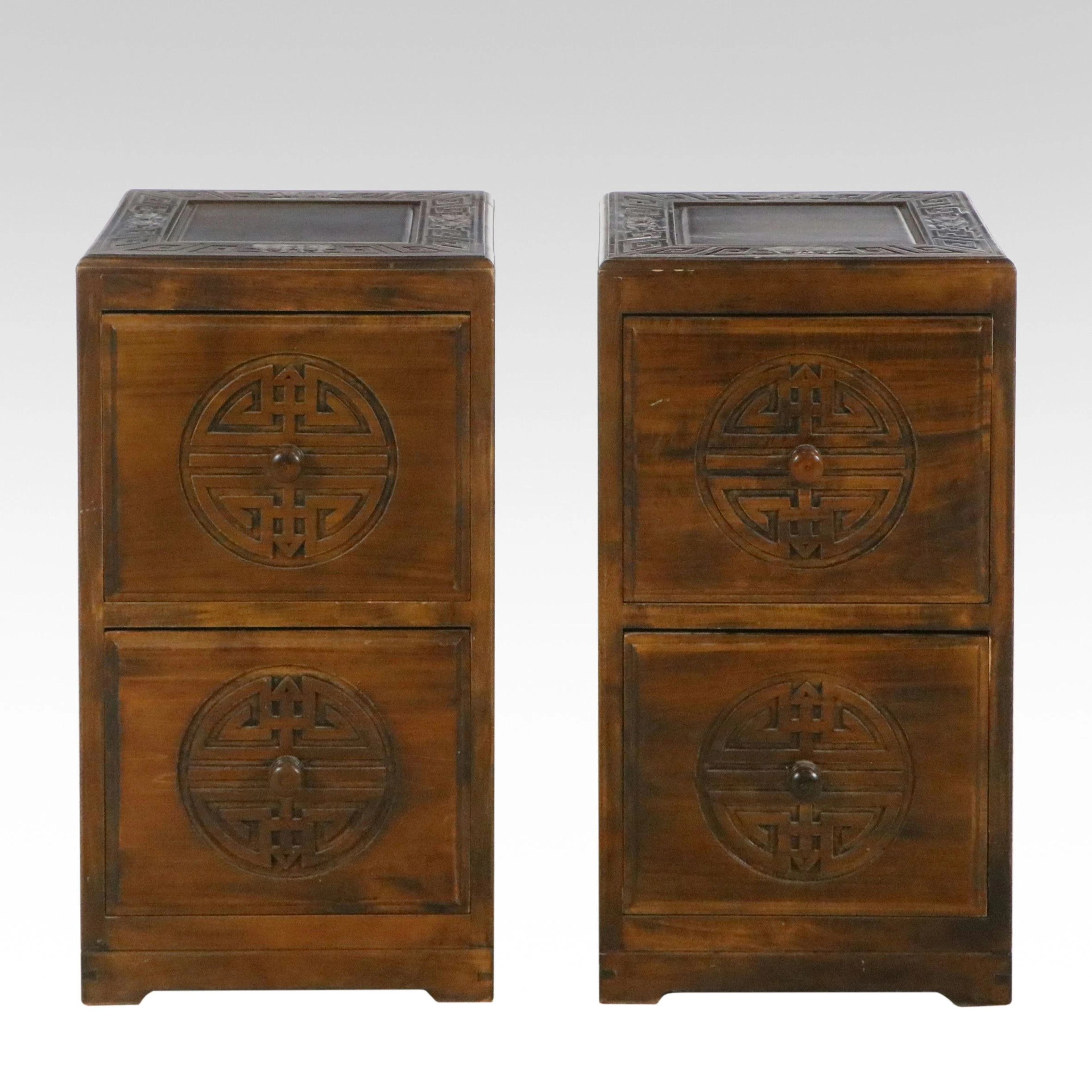 Pair of Chinese Craved Wood Two-Drawer Chests