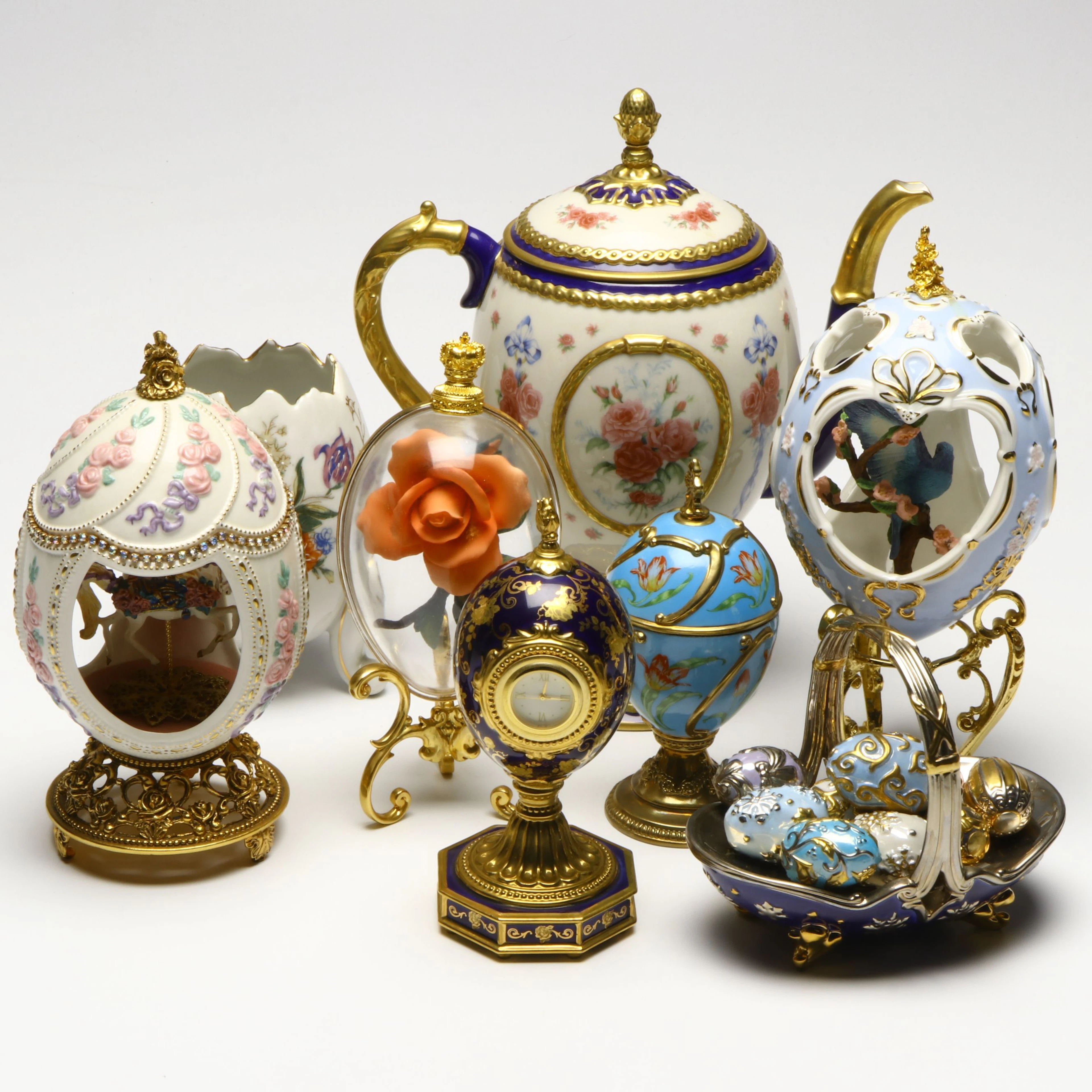 The Franklin Mint House of Fabergé Porcelain Teapot, Clock, Eggs and More Décor