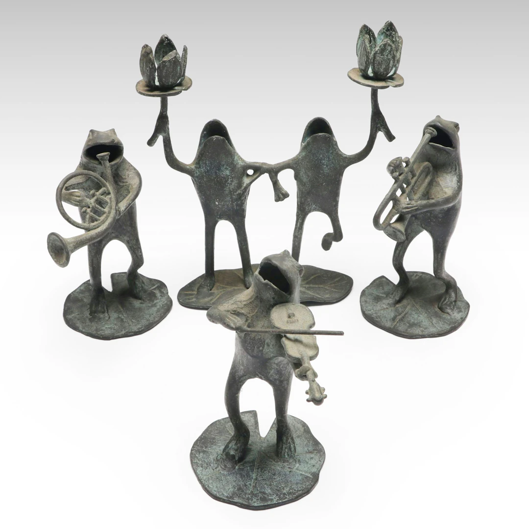Patinated Cast Bronze Frog Musicians and Candle Holder