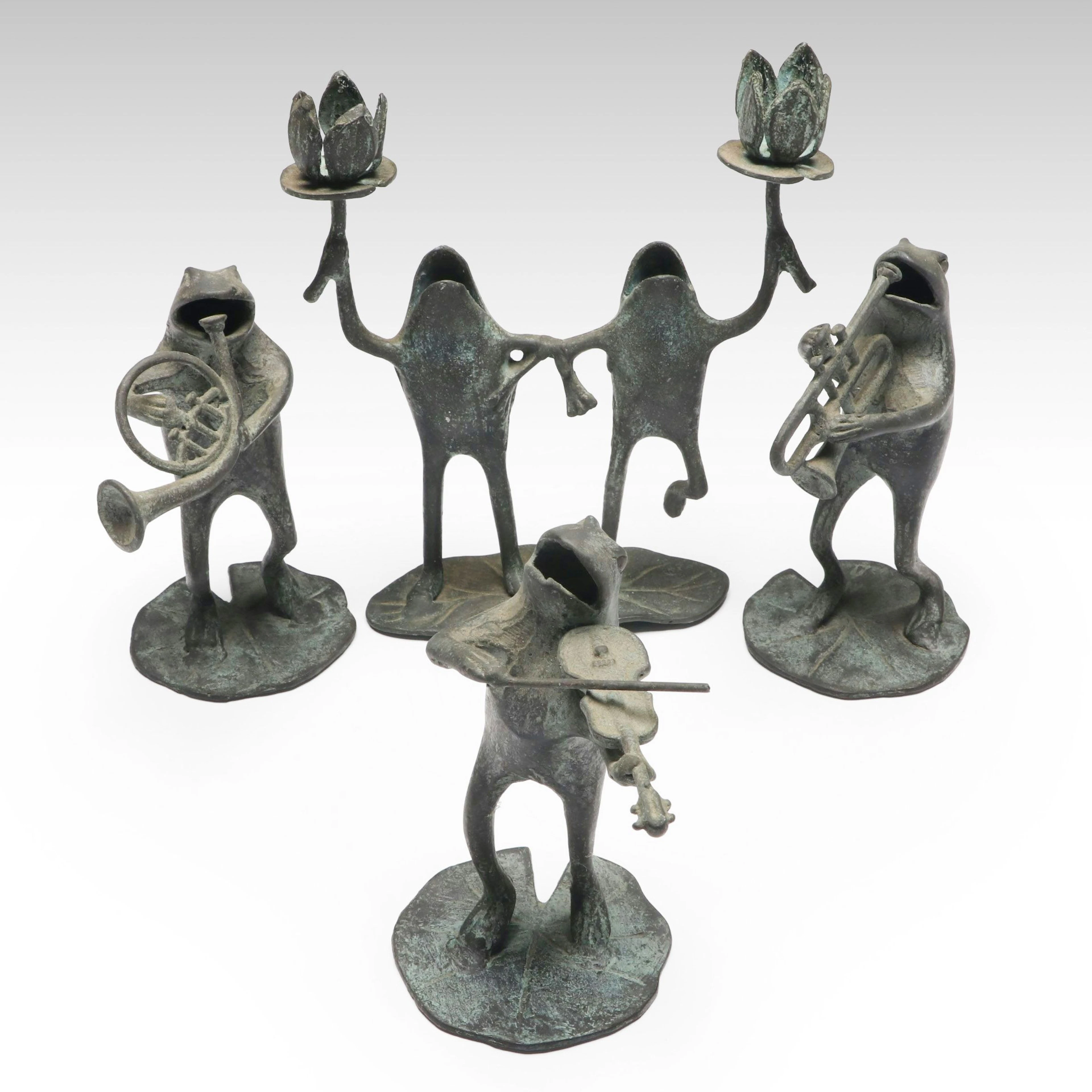 Patinated Cast Bronze Frog Musicians and Candle Holder