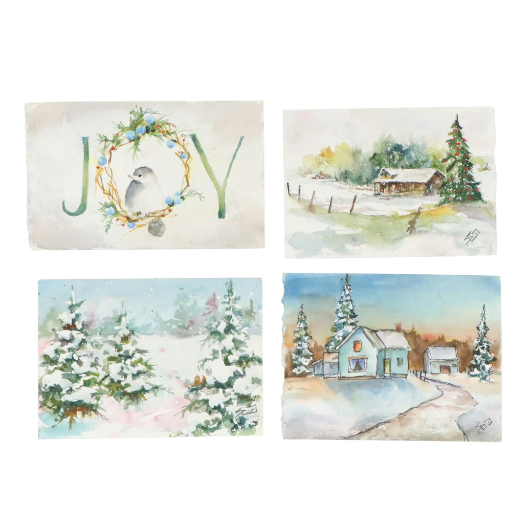Sue Dion Holiday Watercolor Paintings "Quiet Snowfall" and More, 21st Century
