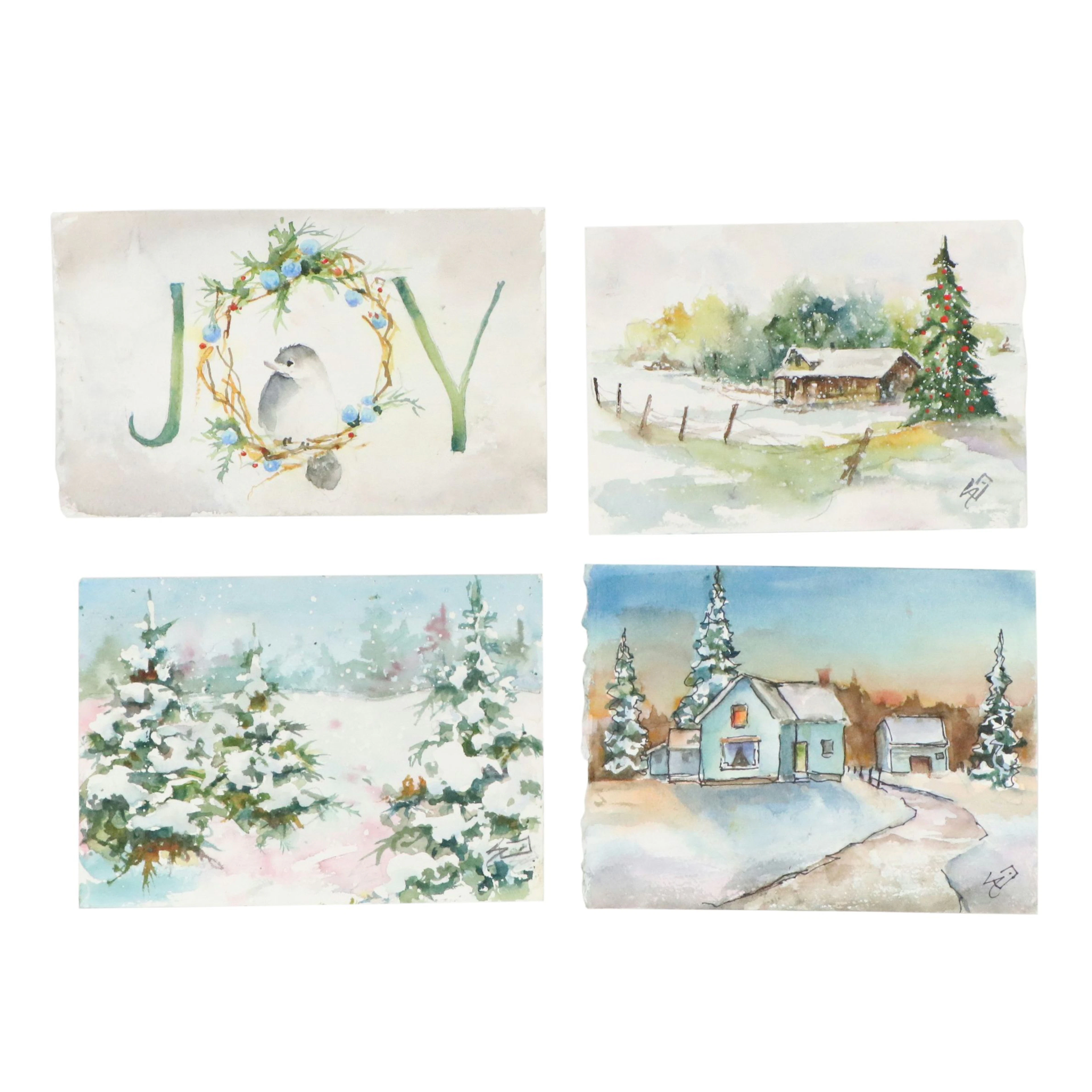 Sue Dion Holiday Watercolor Paintings "Quiet Snowfall" and More, 21st Century