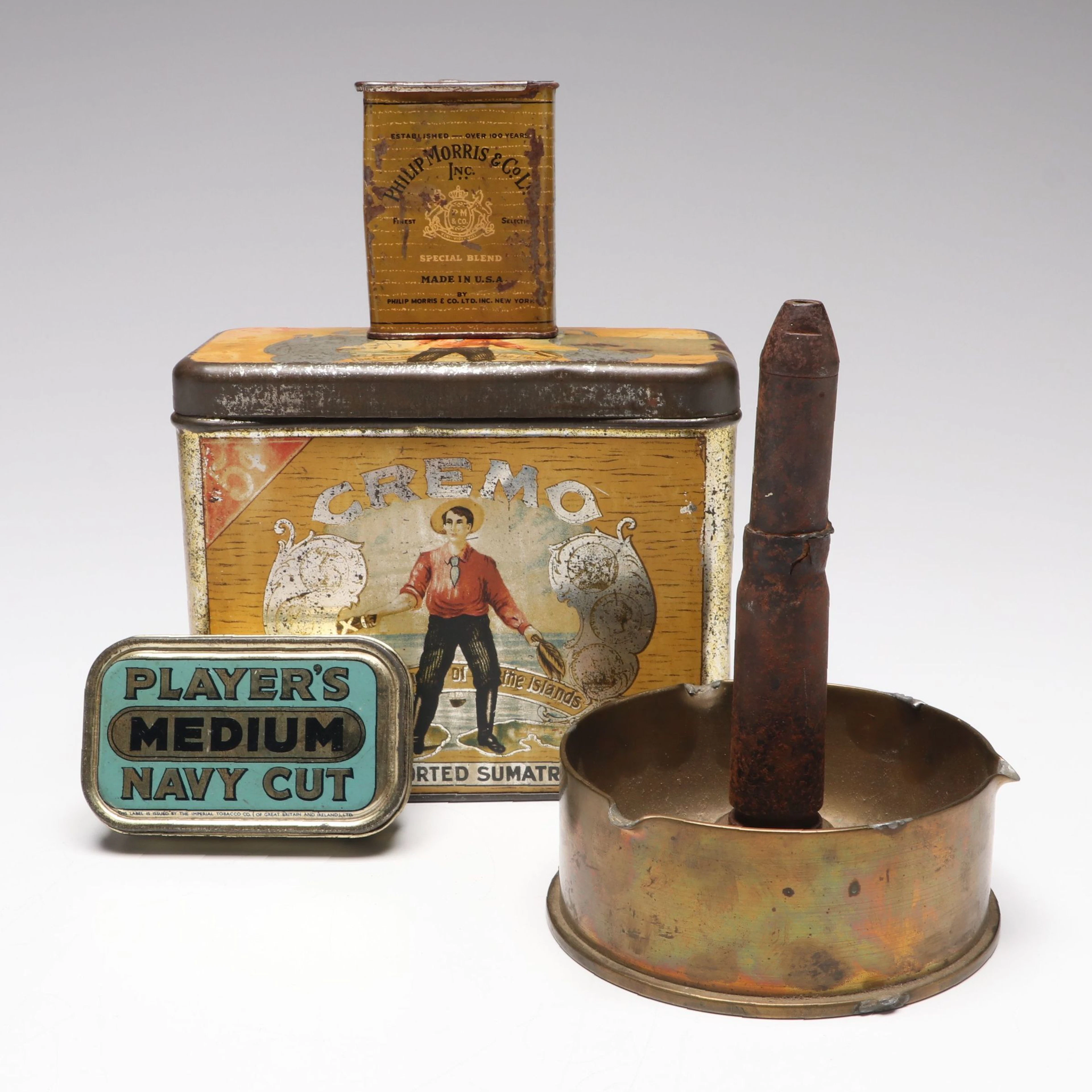 WWII Trench Art Ashtray with Cremo Cigar and Other Tins, 20th Century